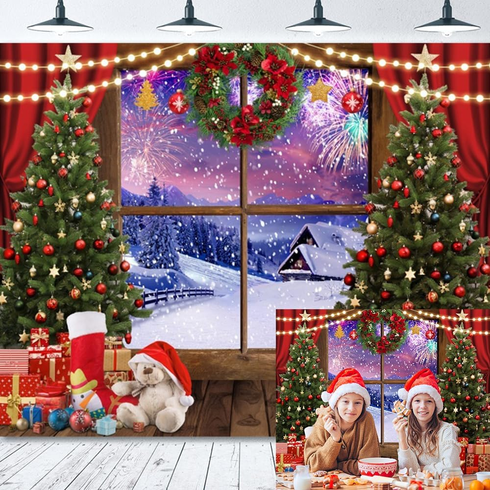 Christmas Backdrop 10X10Ft Wood Barn Winter Christmas Photo Backdrop for Photography Wooden Door Christmas Tree Gifts Snowy Background Kids Adult Family Christmas Eve Party Decoration Props