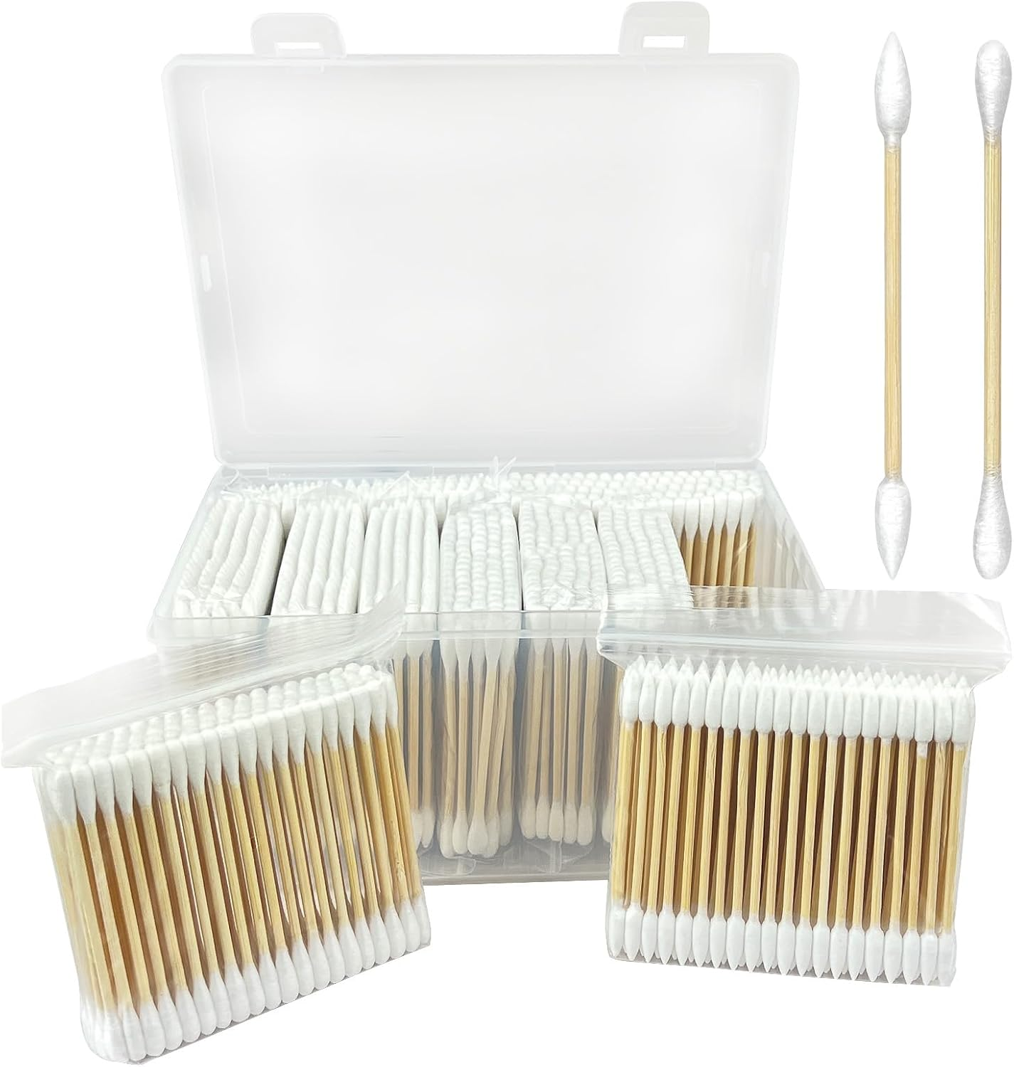 1000-Pack Bamboo Cotton Swabs Bulk (5X100 round + 5X100 Pointed Tips) - Biodegradable Double Ended Swabs for Gun Cleaning, Pet Ear Care, Makeup & Electronics - Hypoallergenic & Lint-Free