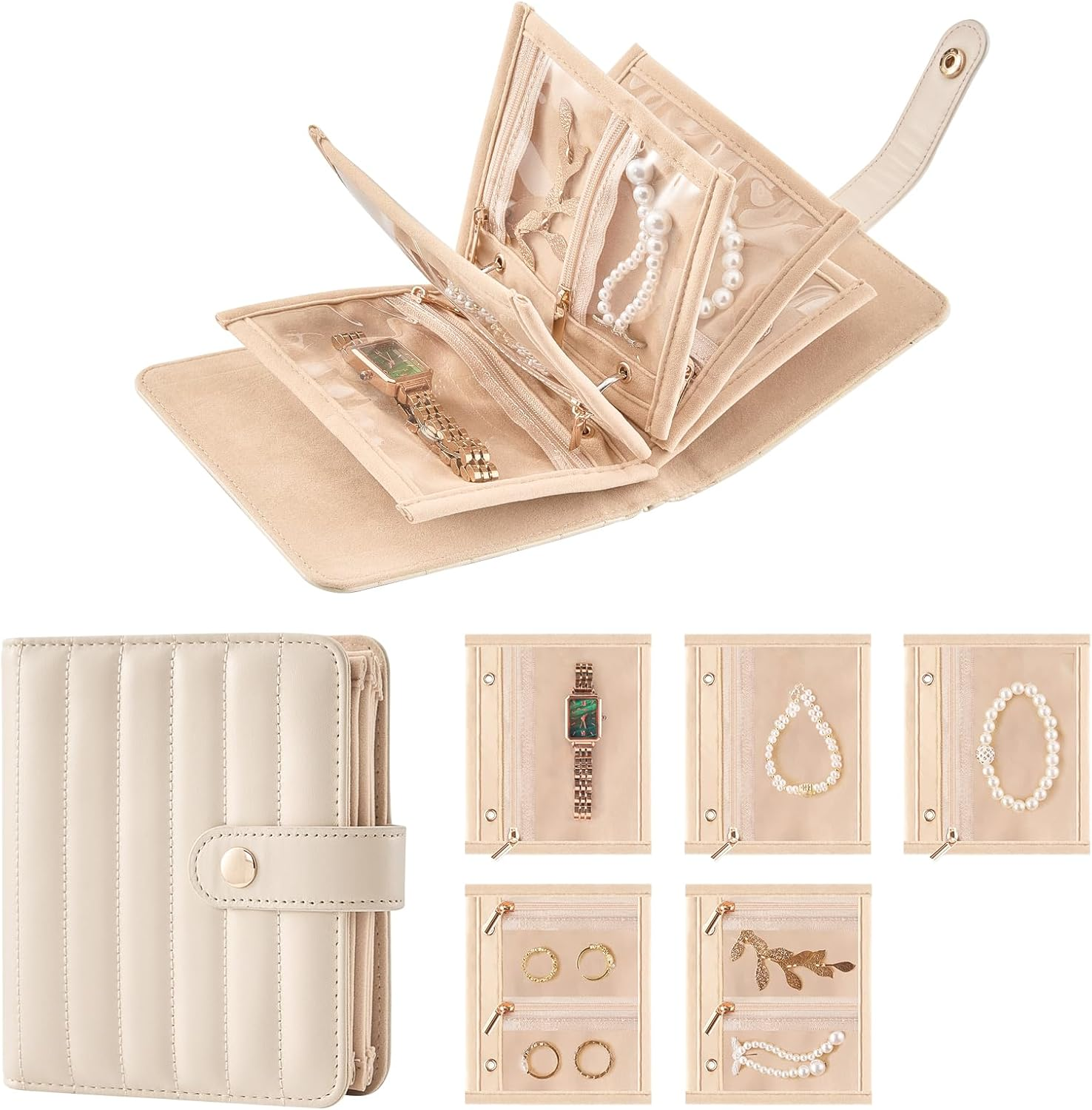 Lolalet Travel Jewelry Organizer Case, Portable Jewlery Storage Book Portfolio Binder with Zipper Velvet Pouch and Built-In Mirror for Women -Beige, Small