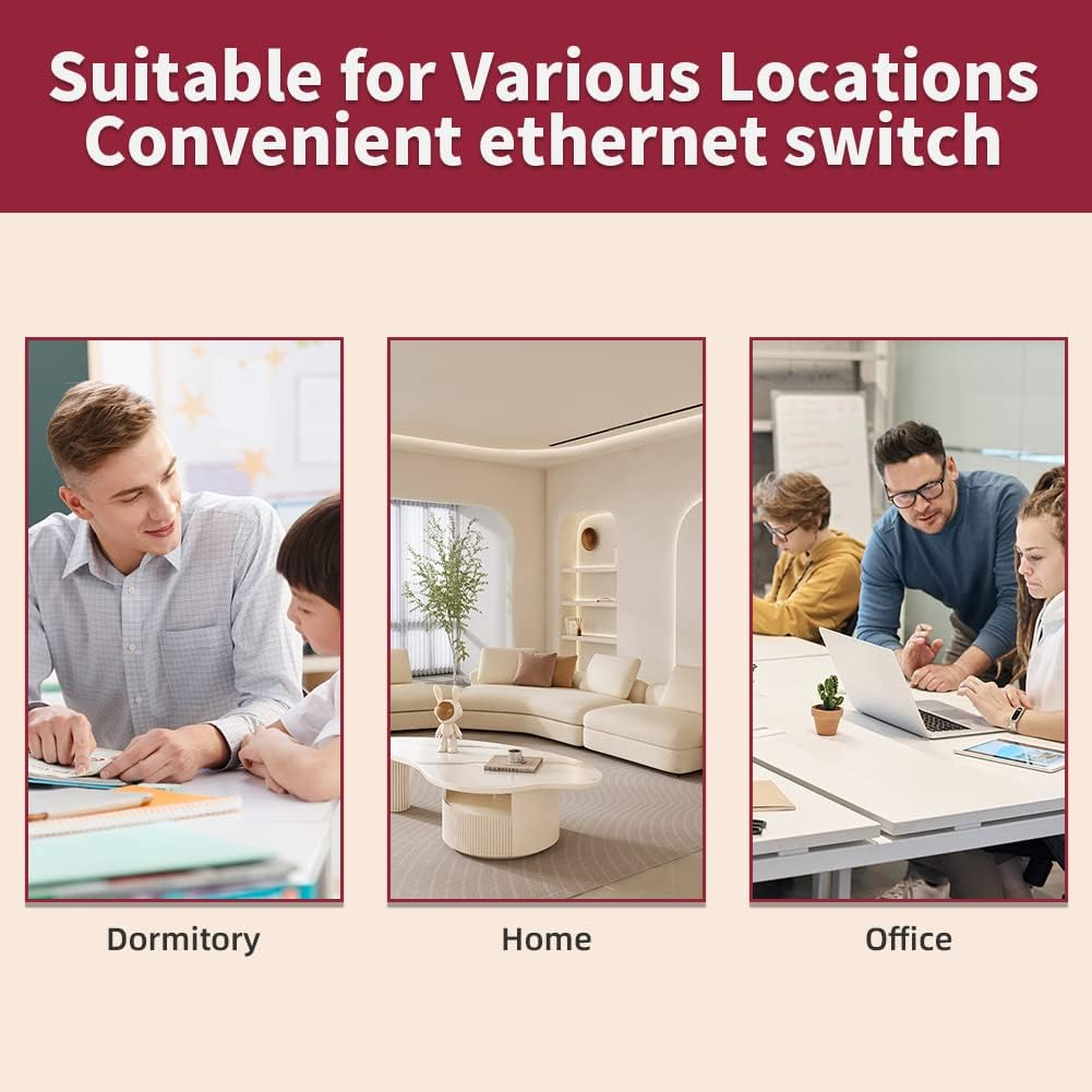 8 Port Gigabit Ethernet Network Switch Unmanaged, Ethernet Splitter, Desktop, Sturdy Metal Fanless Housing Plug & Play with 2 Pcs 1 M CAT6 Network Cables image number 3