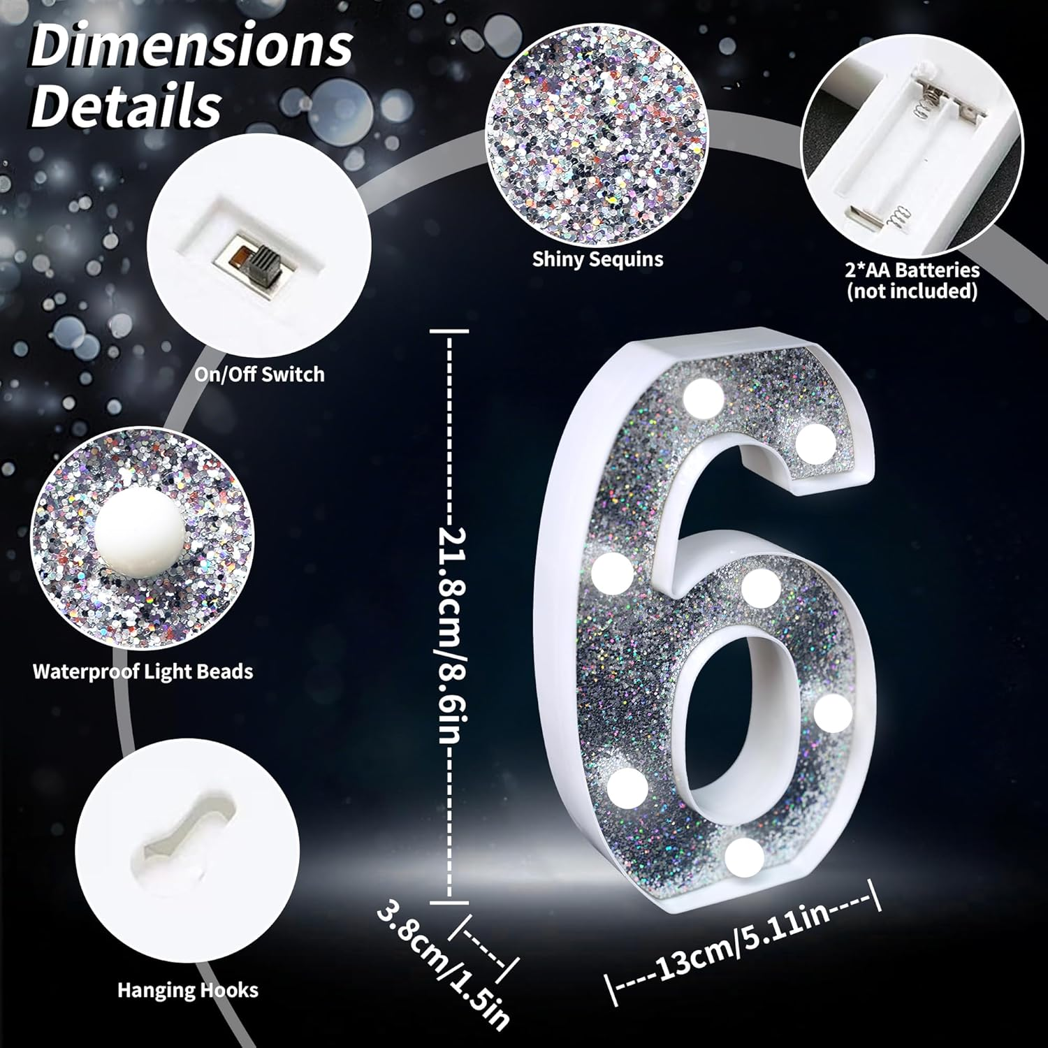 JEMESI LED Number Light - Light up Silver Glitter Number Lights Sign Perfect for Use as a Night Light or at Wedding Birthday Party Home Decoration (Number 6)
