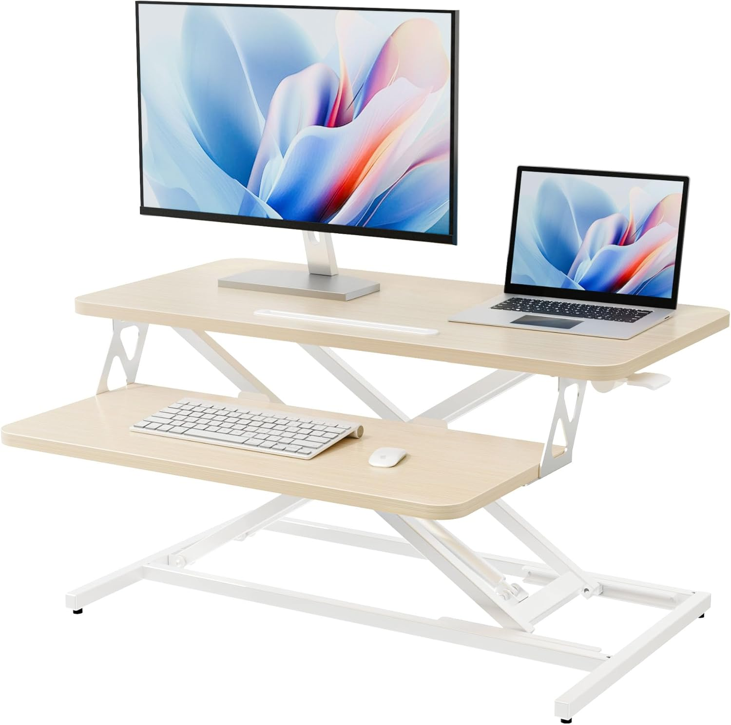 ERGOMAKER 101Cm Standing Desk Converter, Height Adjustable Sit to Stand Riser, Dual Monitor and Laptop Workstation with Wide Keyboard Tray, White