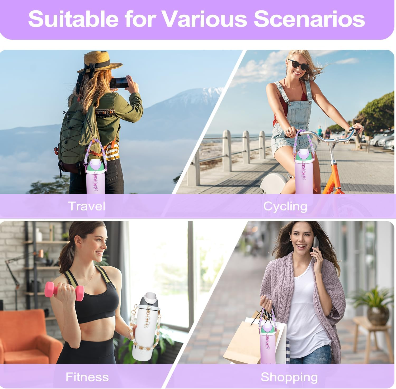 Cup Accessories for Owala Water Bottle 24/32/40Oz,Bow Charm、Bow Handle Strap and Water Bottle Boot for Owala Accessories and Stanley Cup Accessories Fits Owala Tumbler, Owala Freesip (Purple, 24 Oz)