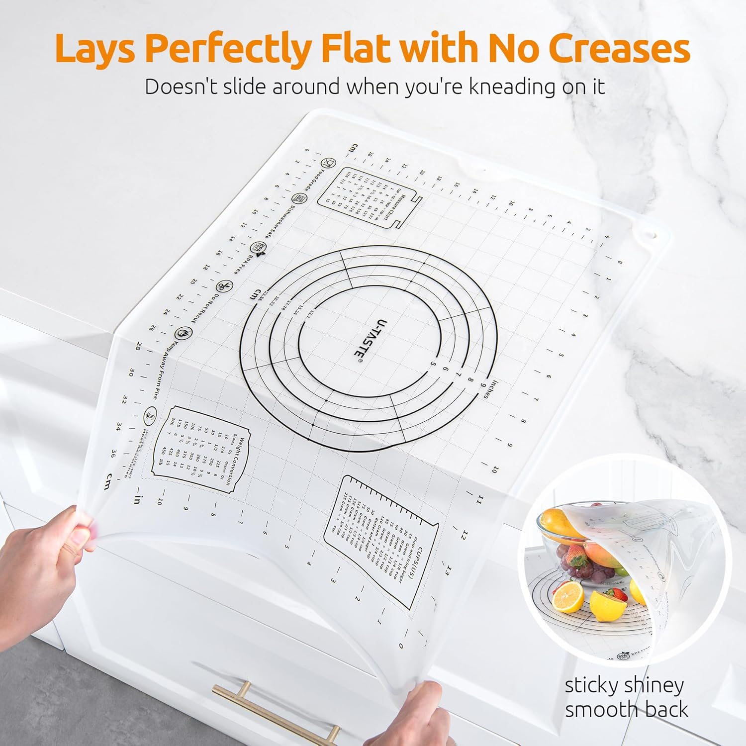 U-Taste Small Silicone Kneading Mat: 50X40Cm Food-Grade Non-Stick Dough Rolling Baking Mat, Non-Slip for Making Pastry Pizza, Fondant, Pie Crust with Clear Measurement and Raised Edges (Transparent) image number 5