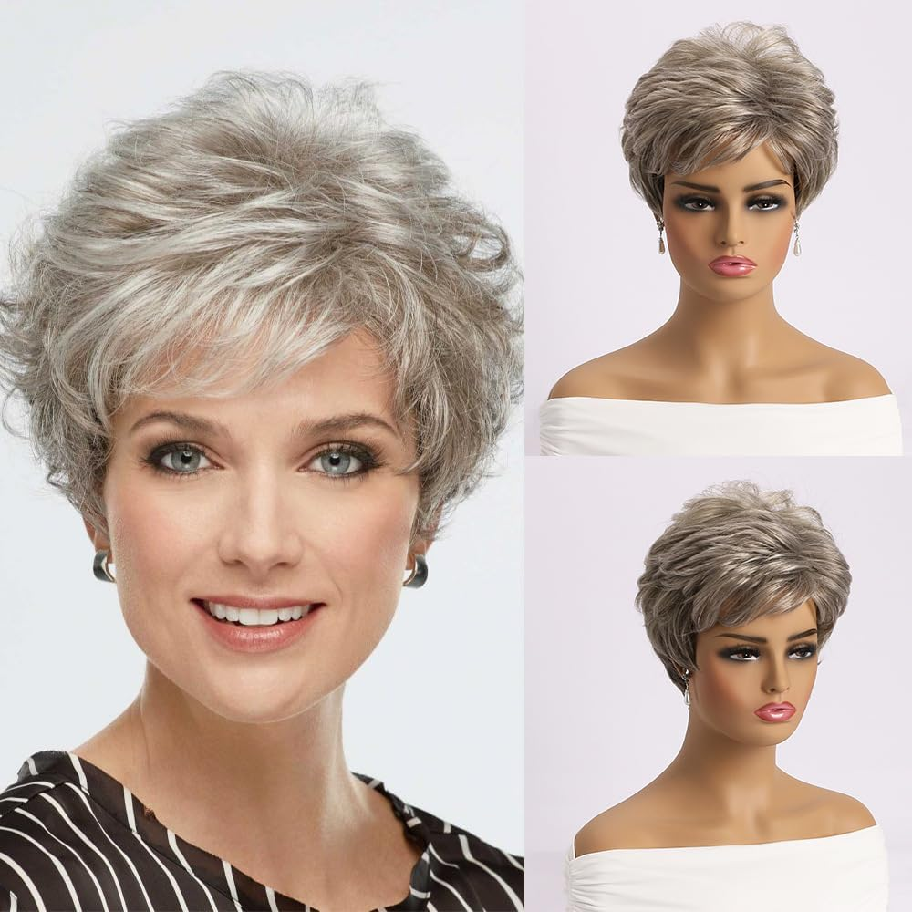 AUBWIG Mixed Blonde Short Wigs Fluffy with Fringe Pixie Cut Wigs Natural Straight Synthetic Hair Wigs Heat Resistant Full Wigs for Women (Brown Mixed Light Blonde #3H) image number 6