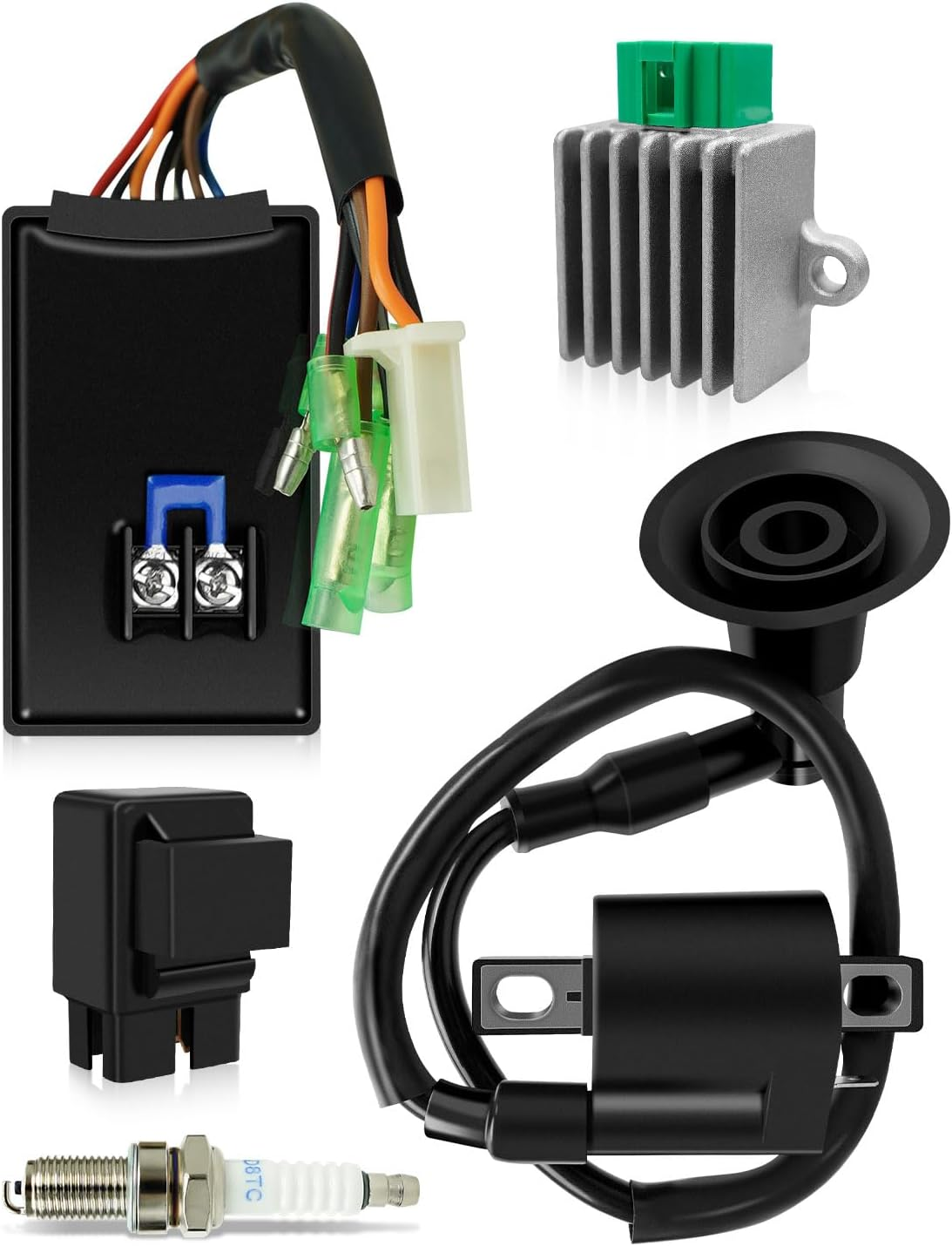 5PCS CDI Box Ignition Coil Kit Fit for Polaris Sportsman 90 Scrambler 90 50 Predator 50 90 2001-2007 with Voltage Regulator Rectifier Spark Plug & Starter Relay Solenoid Replace 0451018 0452187 image number 3