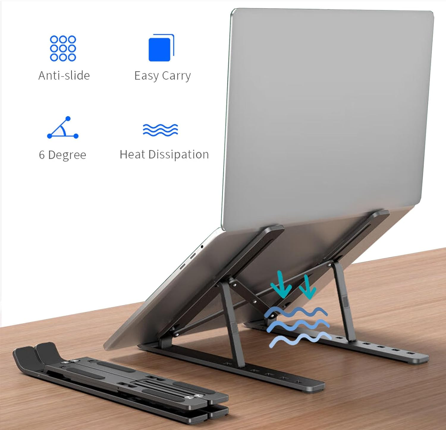 Ekvinor Laptop Holder Riser Computer Tablet Stand 6 Angles Adjustable Aluminum Ergonomic Foldable Portable Desktop Holder Compatible for Macbook Ipad HP Dell 10-15.6&rdquo; Black image number 4