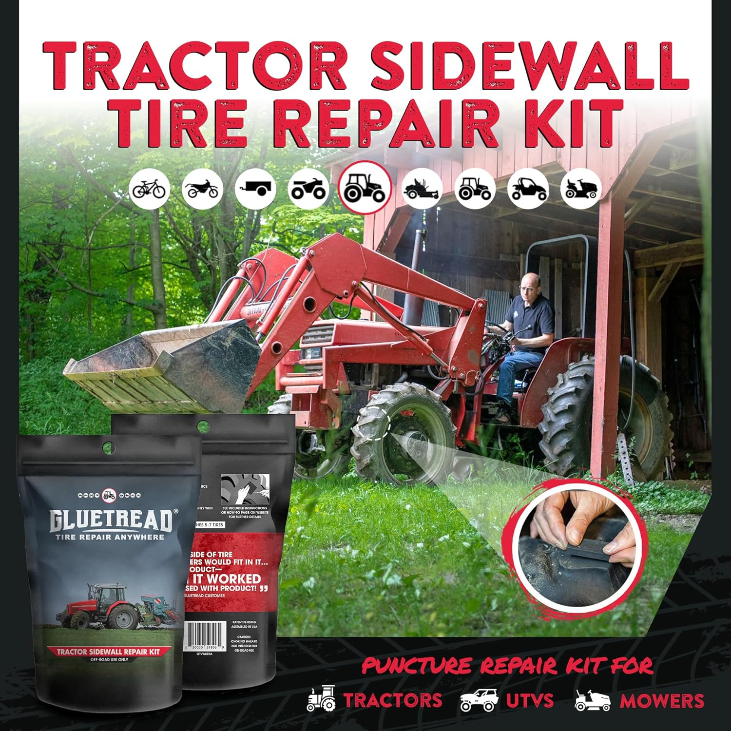 GLUETREAD MORE TREAD MORE TRACTION Gluetread Tractor Sidewall Tire Repair Kit | Off-Road Puncture Anywhere No Need to Remove Enough Material Patch 5-7 Tires for Tractors, Trailers and Mowers image number 6