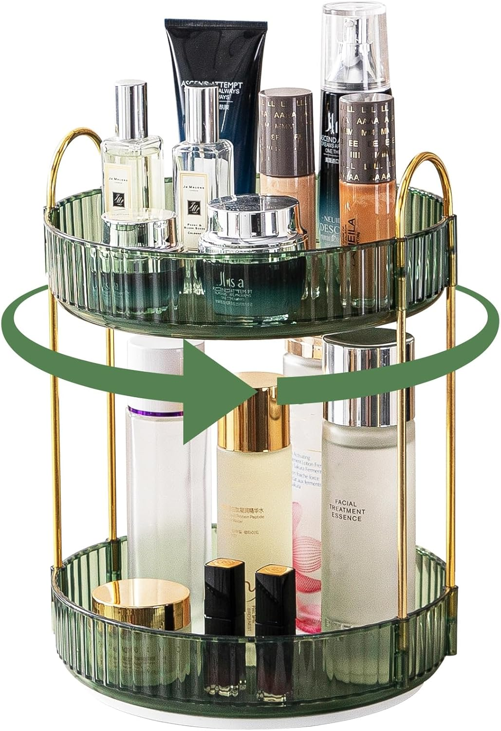 Makeup Organizer for Vanity, 360&deg; Rotating Bathroom Organizer Countertop, High-Capacity Skincare Organizer, Spinning Cosmetics Organizer for Dresser Countertop (2 Tiers, Green) image number 2