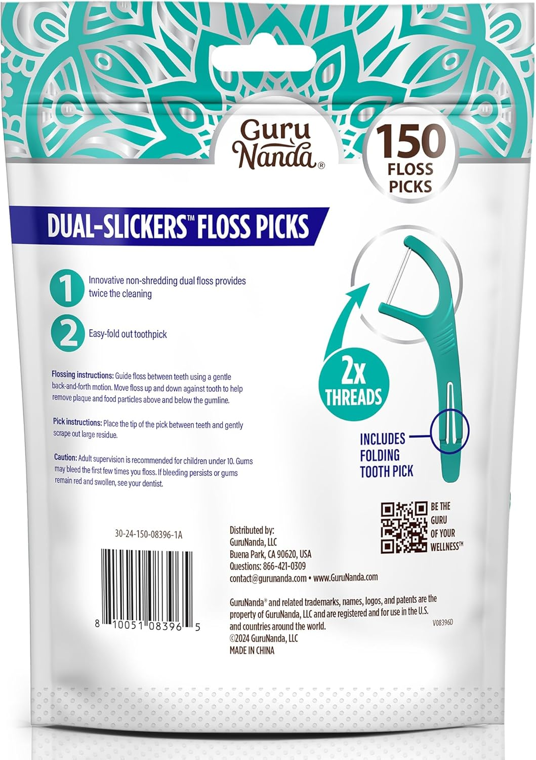 Gurunanda Dual Slickers Floss Picks - Double Threaded Dyneema Dental Floss with Foldable Toothpick for Effective Plaque Removal - Unflavored- 150 Ct image number 3