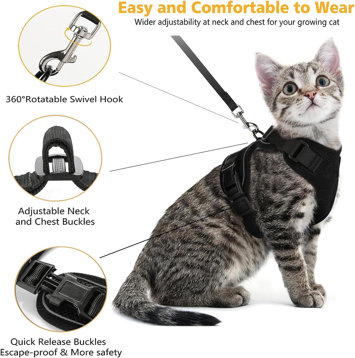 PAWCHIE Cat Harness and Leash Set for Walking,Escape Proof Safe Adjustable Kitten Vest Harnesses,Easy Control Soft Breathable Mesh Jacket with Reflective Strips for Cats,Black,Xs (S)