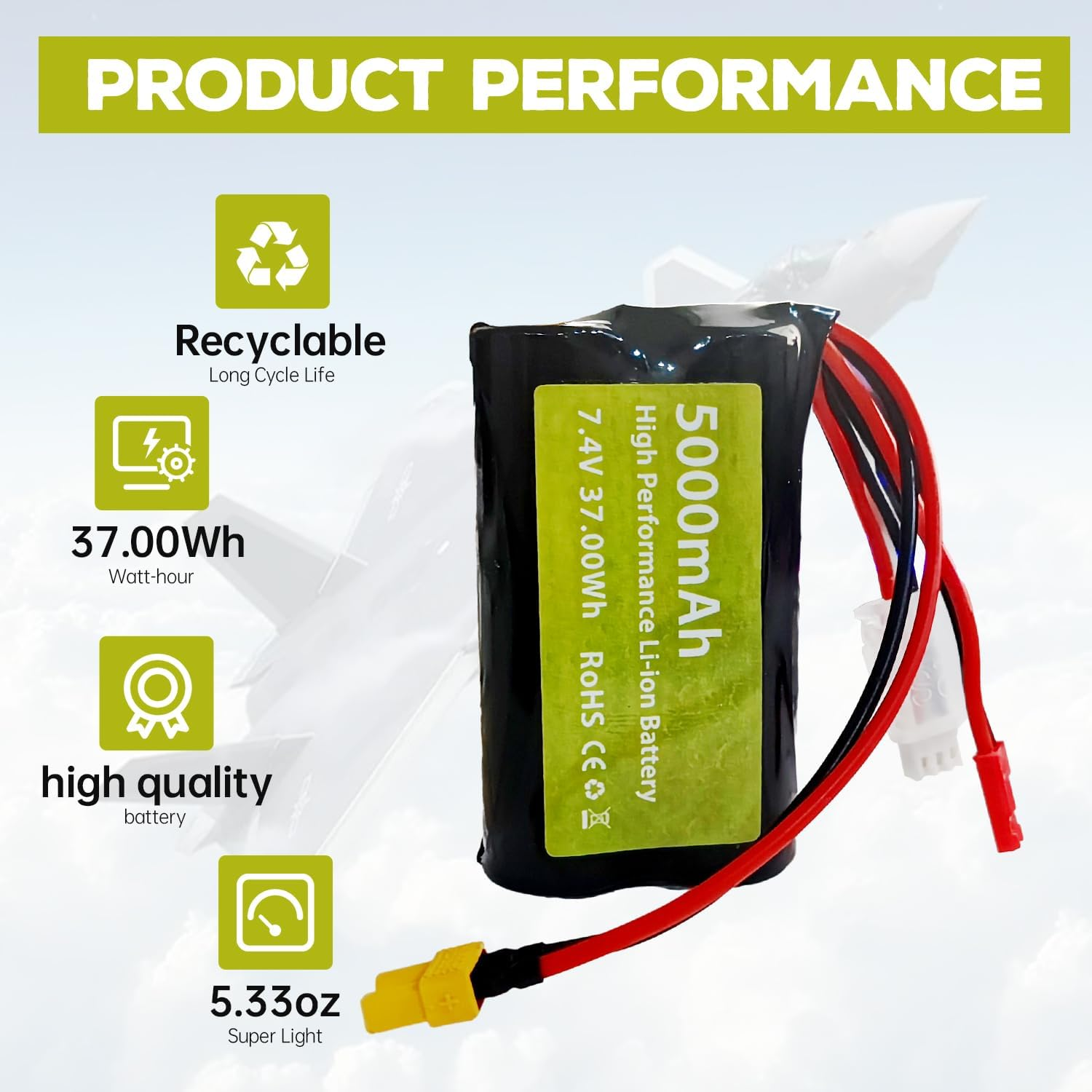 Fytoo 7.4V 5000Mah 2S Li Ion Battery with JST Plug and XT30 Plug with USB Charging Cable Suitable for TX16S, TX18S, RC4GS, RC6GS, TX12 RC Transmitter RC Car Truck Engineering Vehicle Battery image number 1