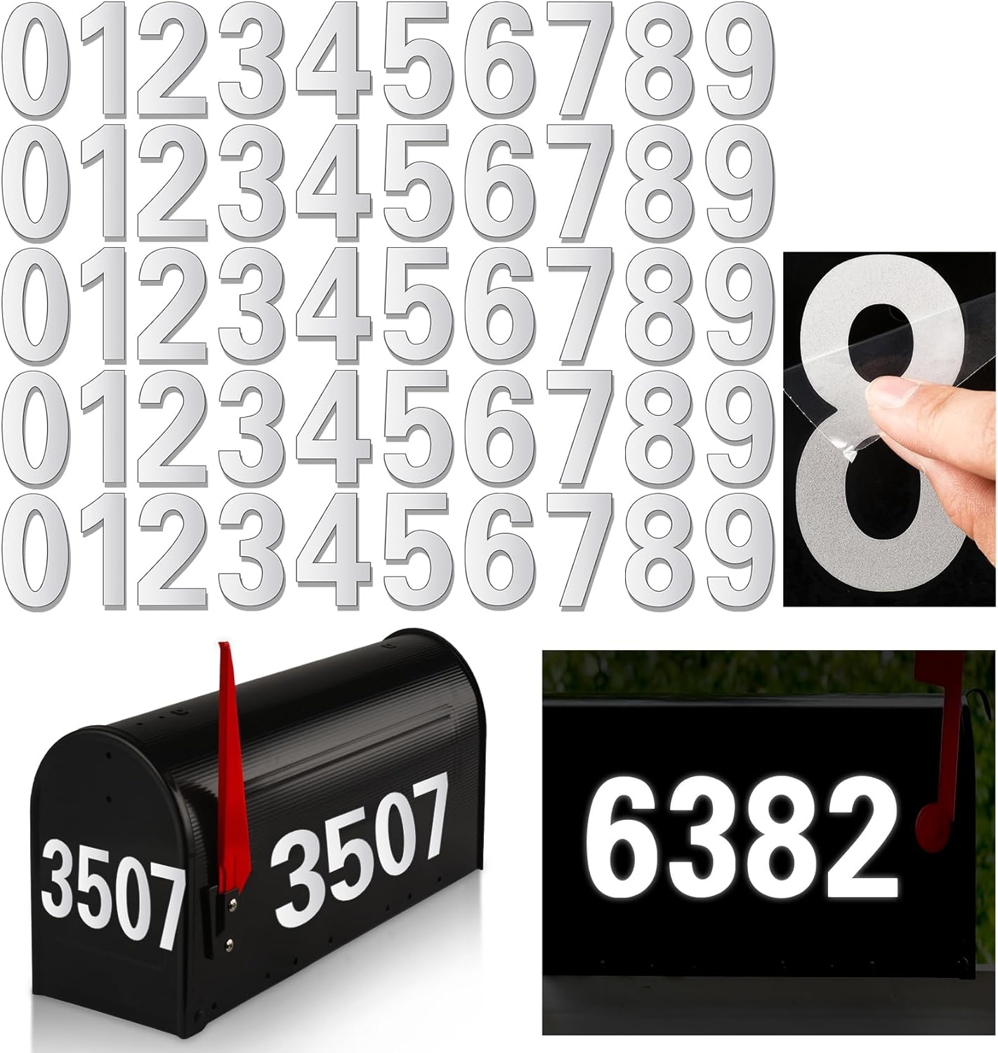 Reflective Mailbox Numbers for outside - 60 Pcs Waterproof Mailbox Numbers Stickers, Large 3 Inch 2 Inch Self Adhesive 0-9 Vinyl Number for Mailbox, Door, Garbage Bins, Address Number (White)