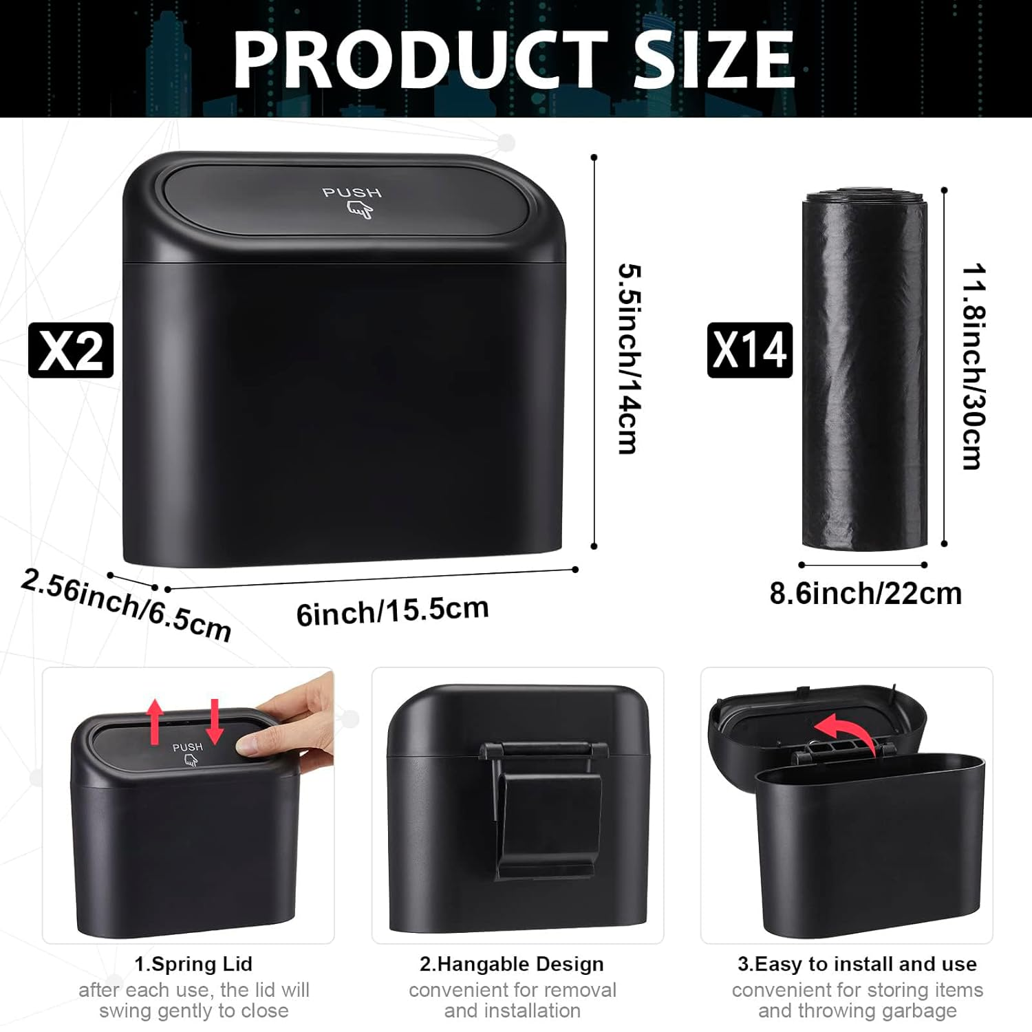 2-Pack Car Trash Can with Lid, Hanging Mini Vehicle Bin, 210 Trash Bags, 4 Headrest Hooks, Dustbin Garbage Organizer for Home Office image number 1