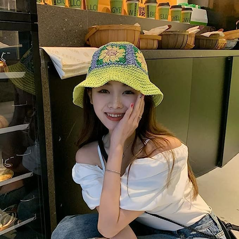 Womens Straw Sun Hat Woven Bucket Hat Floral Fishing Hat Beach Hat Foldable Cap Summer Chic Straw Chic Hat Pink image number 5