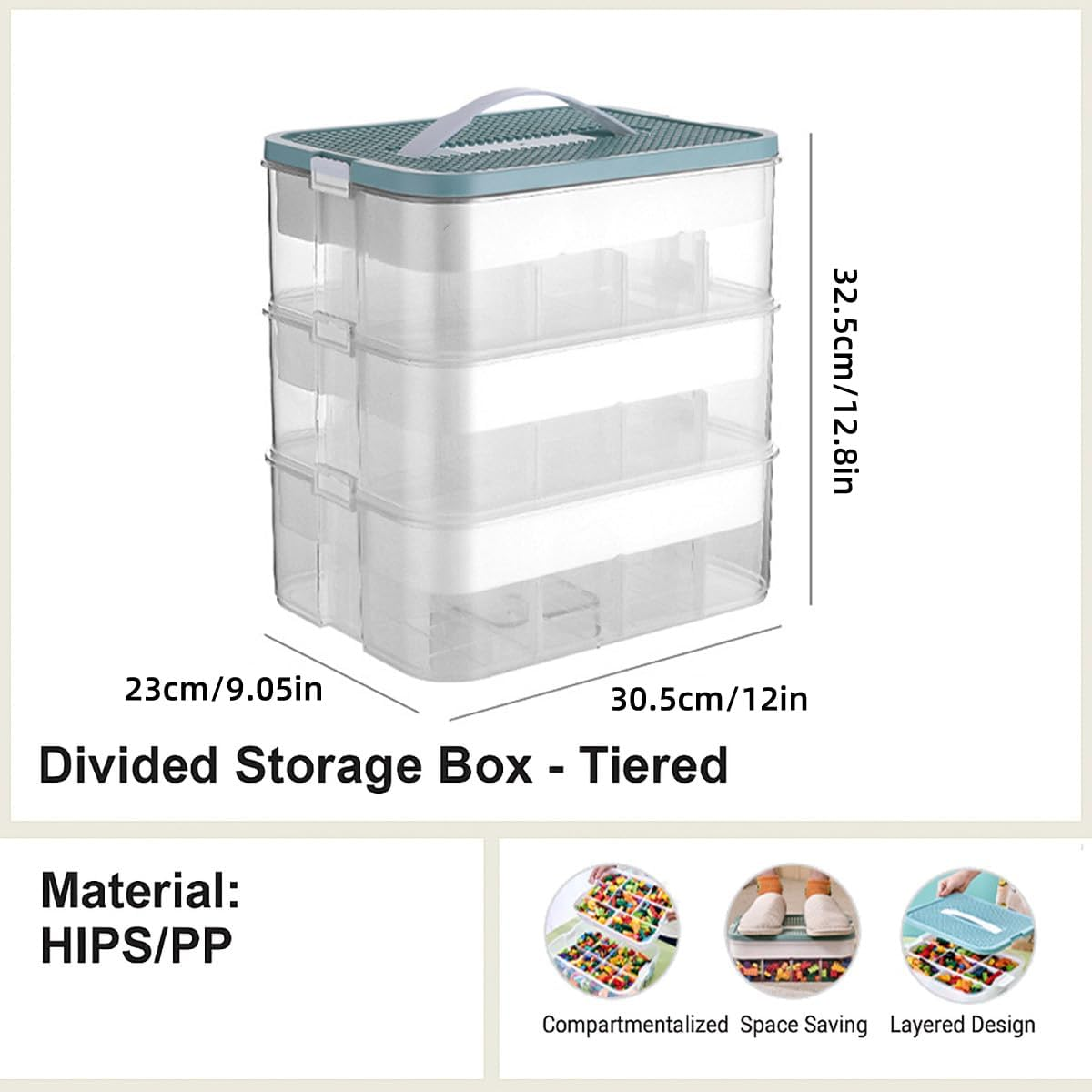 AIMALL Large Capacity Desktop Toy Storage Box with Handle and Dustproof Lid, Stackable Building Blocks Organizer for Kids Parts Sorting 9.05&times;12&times;12.8In Yellow Green - Green image number 4