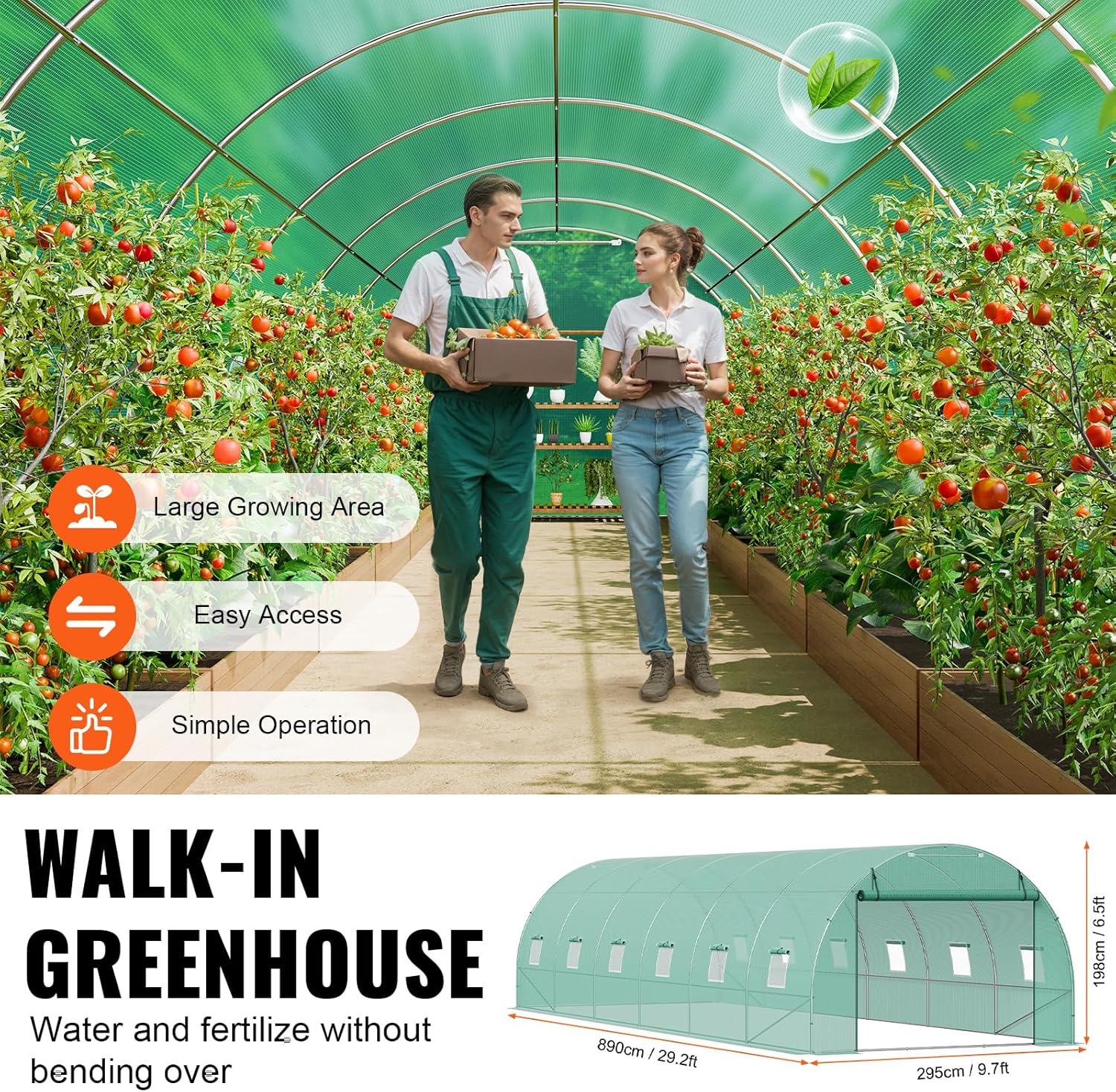 VEVOR Walk-In Tunnel Greenhouse, 29.2X9.7X6.5 Ft Hoop House Greenhouse Tunnel, Plant Hot House with Galvanized Steel Frame, Green PE Cover, Roll-Up Zipper Door and 12 Windows for Outdoor image number 5