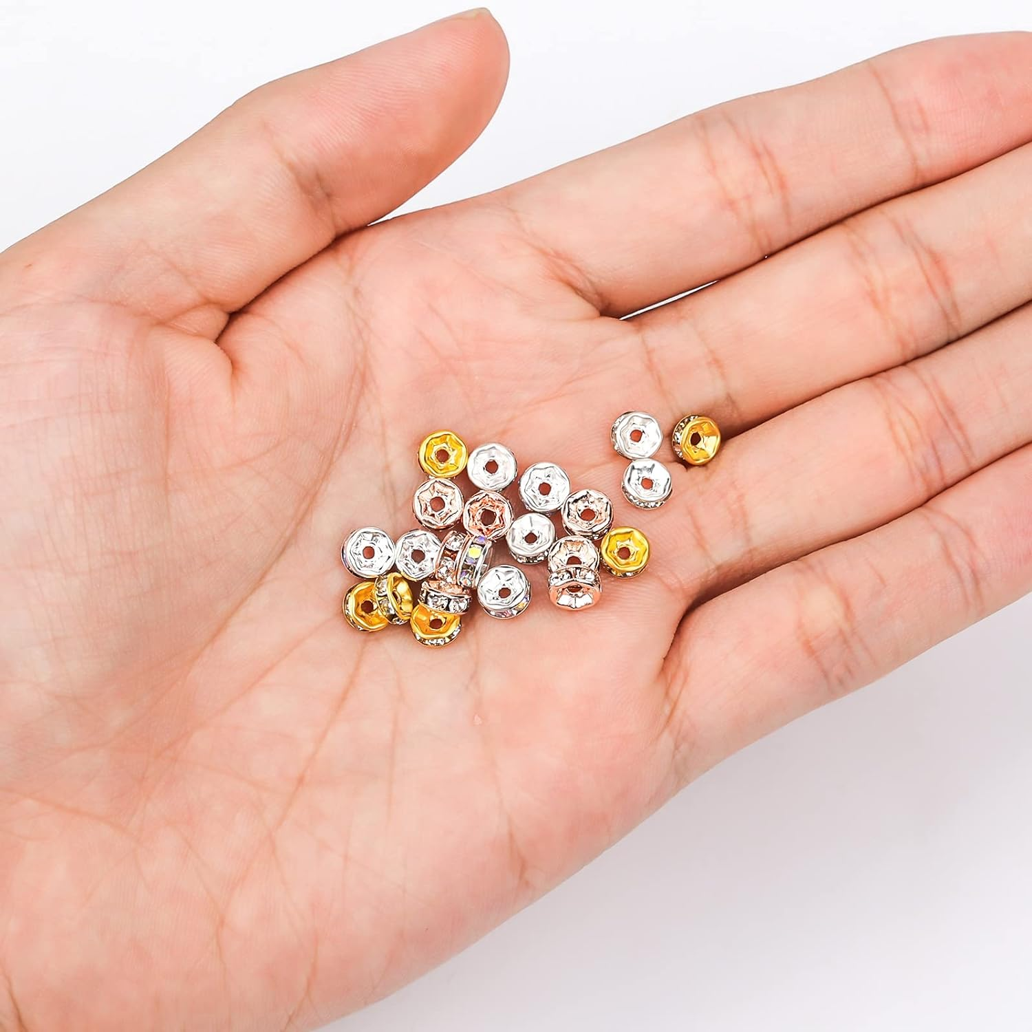 Savita 200Pcs 6Mm Rondelle Beads Precious Stones Crystal Loose round Spacer Beads for Bracelet Necklace Jewelry Making Decorations (Silver, Gold, Rose Gold, Laser Colorful) image number 1