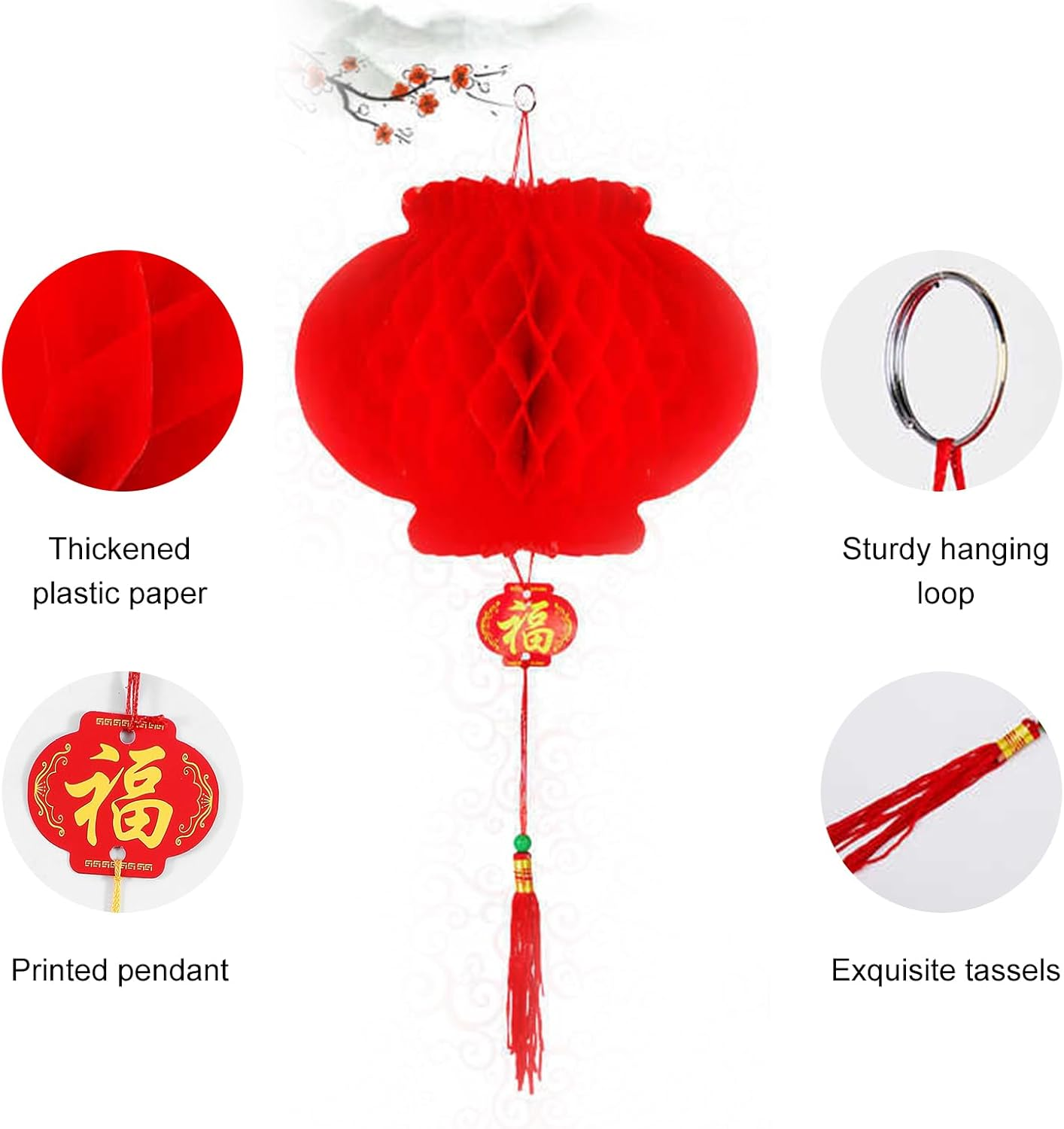 Chinese Lanterns, Plastic Paper Lantern, Red Hanging Lanterns, Red Lanterns, Red Paper Lanterns, Foldable Waterproof for Chinese Spring Festival Festive Decoration, Pack of 15 image number 3