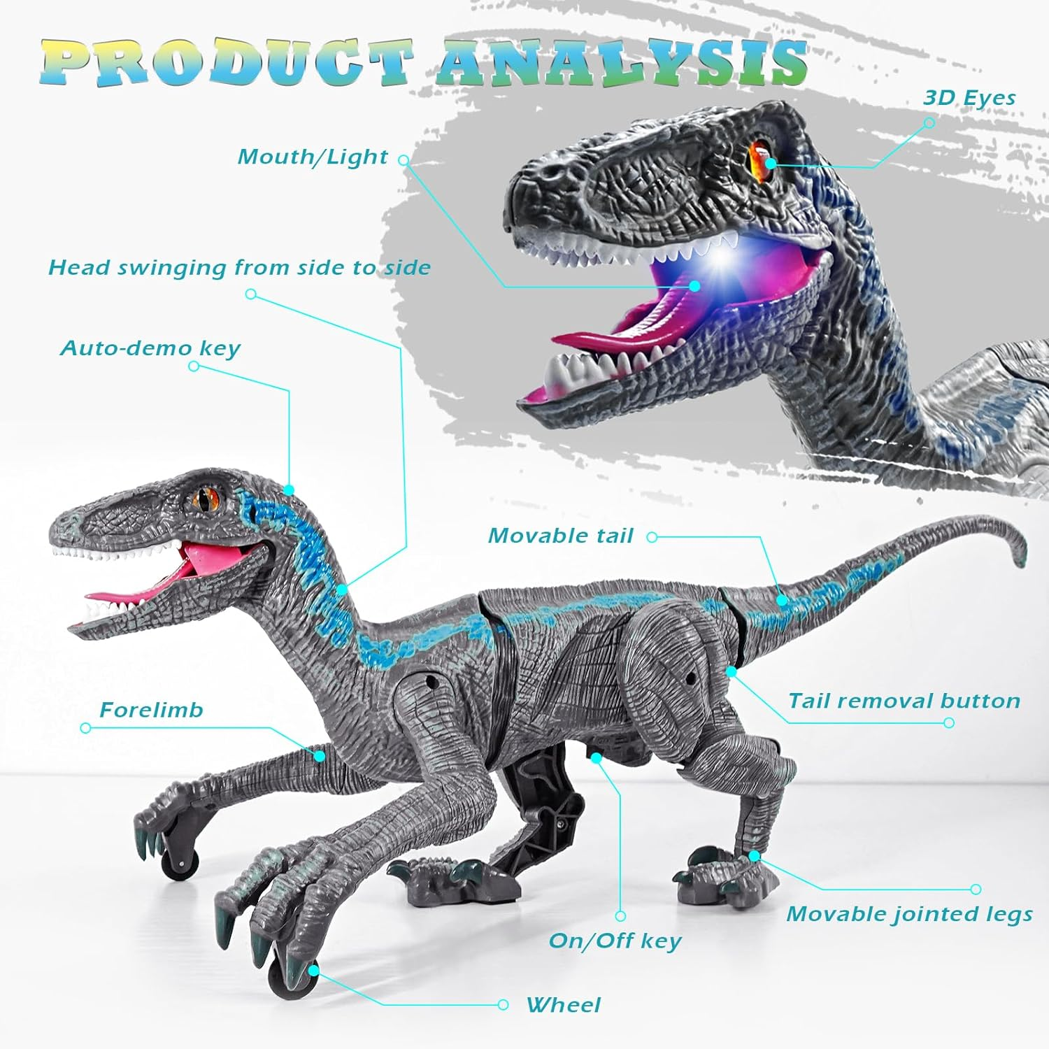 Peeokuo Remote Control Dinosaur for Kids,2.4G Electronic RC Toys Velociraptor with 3D Eye Shaking Head and Tail & Roaring Sounds, Indoor Robot Dinotoys for 3-5 5-7 8-12-Year-Old Gifts image number 4