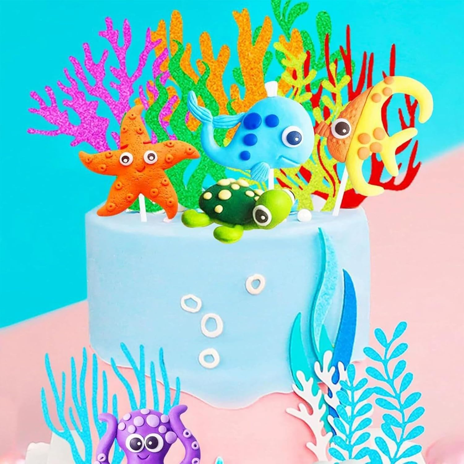 14 Pcs Ocean Theme Cake Decorating Kit; Kids Birthday Party Ideas Theme Cake Topper Accessories