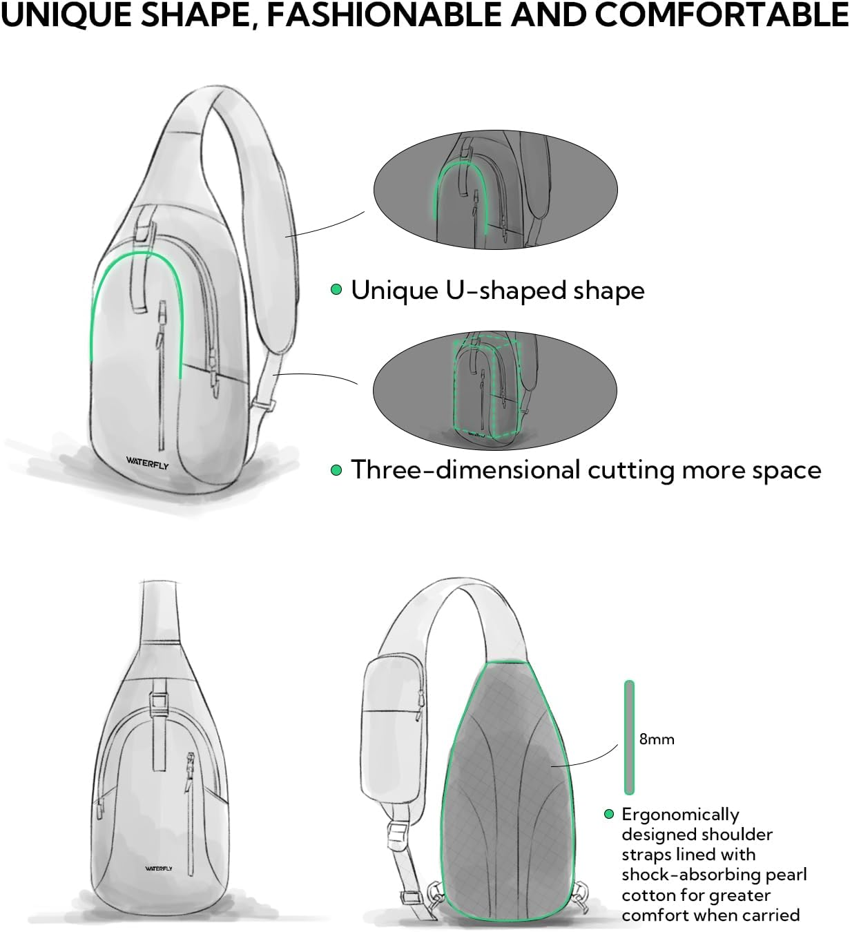 WATERFLY Crossbody Sling Backpack for Women Men Sling Bag for Traveling Chest Shoulder Bag Hiking Chest Bag Daypack