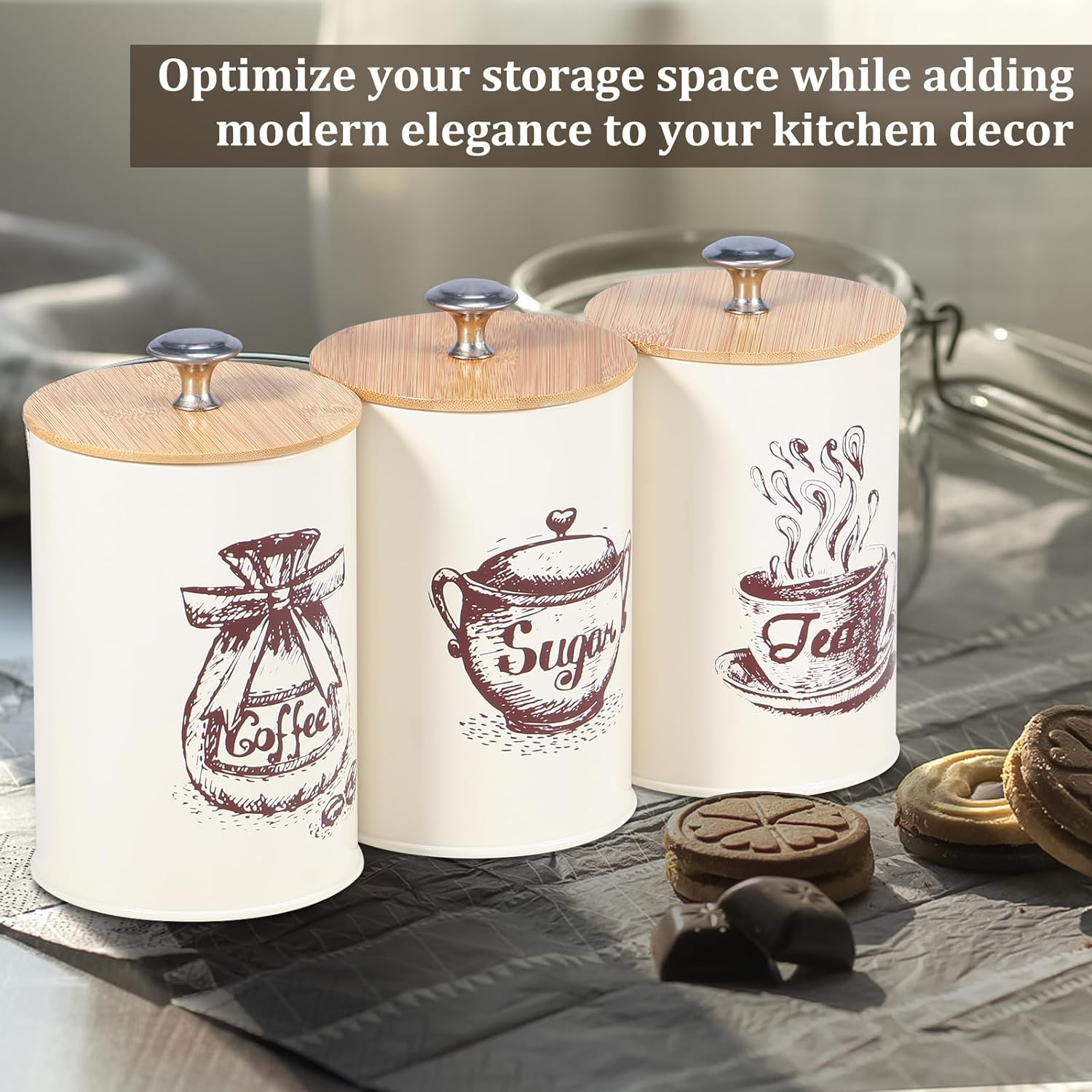 Rdjeokf 3PCS Coffee and Sugar Container Set Vintage Canisters Set Decorative Tea Container Set 25 Oz for Coffee Tea Sugar Kitchen Storage Organisation image number 4