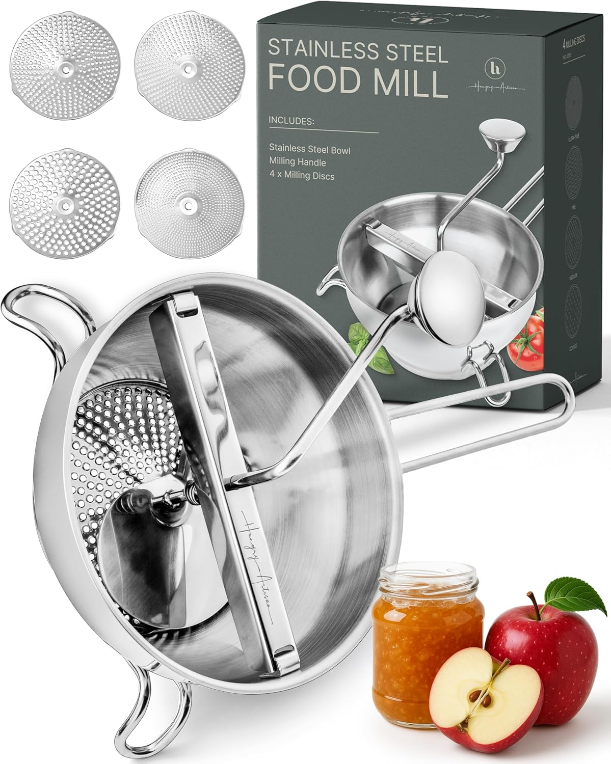 Upgraded 4-Disc Stainless Steel Food Mill &ndash; Ergonomic Rotary Design for Tomato Sauce, Applesauce, Baby Food, Mashed Potatoes, Jams, and More image number 1