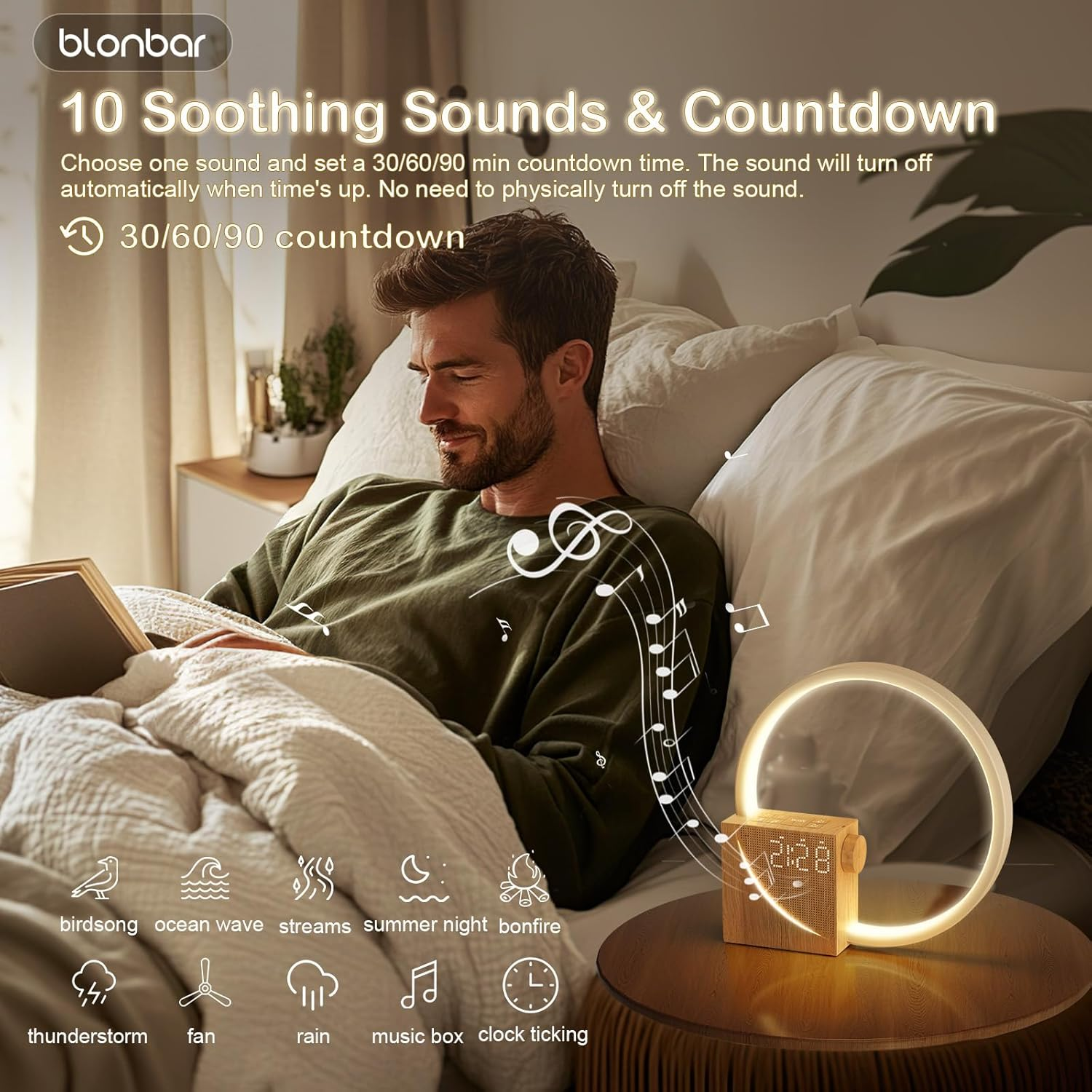 Blonbar Sunrise Alarm Clock for Heavy Sleepers, Wake up Light with Dual Alarms Sunrise Simulation USB Charging Port 4-Level Dimmable, Night Light 10 Natural Sounds Snooze Alarm Clocks for Bedrooms image number 4