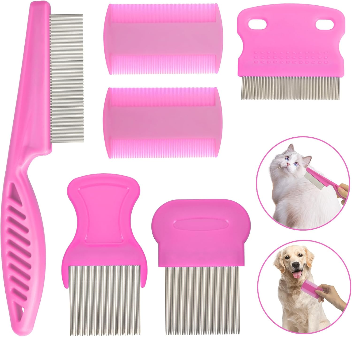 6 Pieces Stainless Steel Teeth Pet Lice Comb Set,Flea Comb for Cats & Dogs,Pet Grooming Comb for Pets Gently Removing Knots and Lice, Flea Comb for Small & Medium Pets(Blue,Pink) (Blue) - Bluepink 6P image number 4