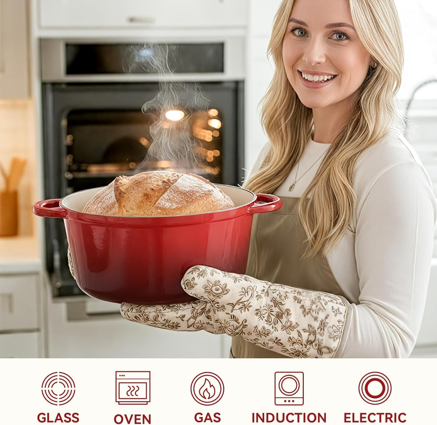 Dutch Oven Pot with Lid, Enameled Cast Iron Dutch Oven with Dual Handles for Sourdough Bread Baking, Cooking, Non-Stick Enamel Coated Cookware, 26Cm Diameter(Red)