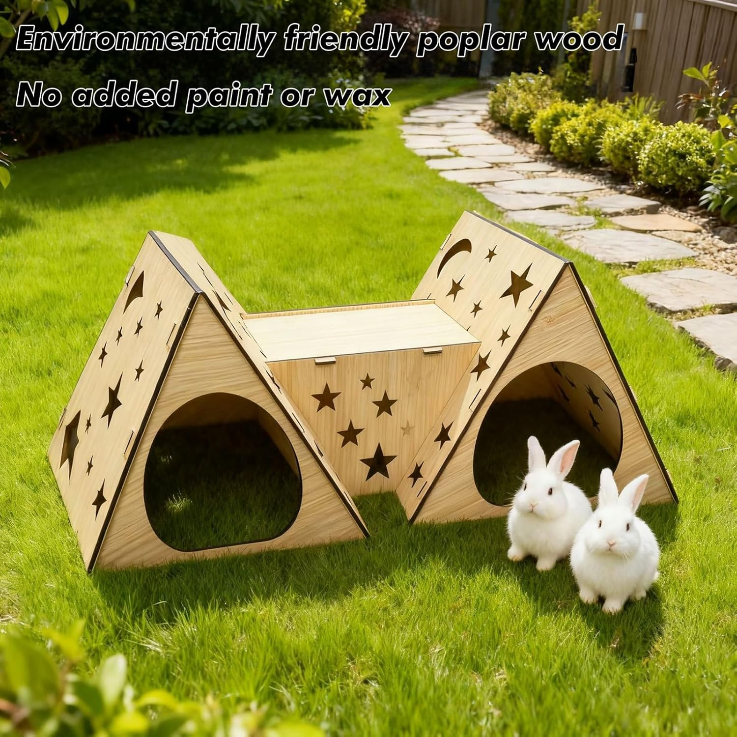 Wooden Rabbit Castle Hideout &ndash; Natural Poplar Pet House with Dual Cabins and Tunnel, Four-Season Shelter for Rabbits, Guinea Pigs and Small Animals image number 4