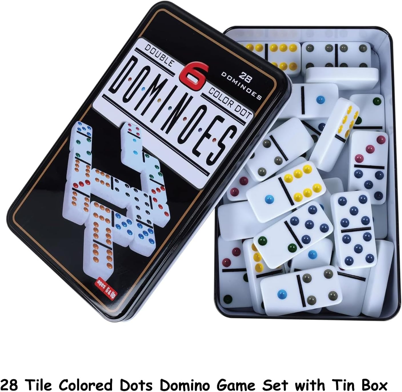 Double 6 Dominoes Set for Adults & Kids - Classic Domino Game with 28 Tiles Colored Dots - 2 or 4 Player Table Games & Ideal for Family Fun Game Night Party and Travel (Tin Box1) image number 6