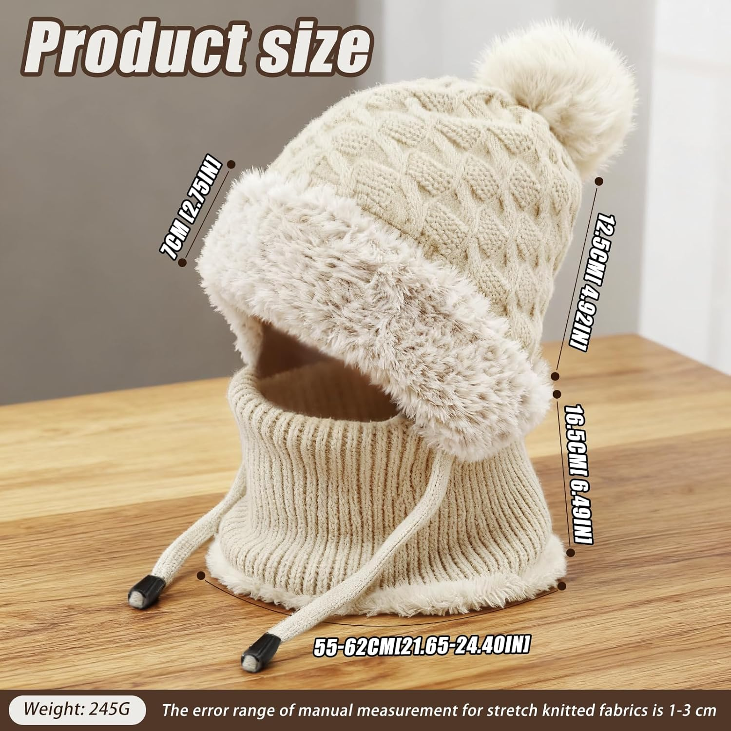 Bobble Hat for Women, 3 in 1 Winter Knitted Beanie Hat with Neck Warmer and Face Cover, Thick Fleece Lined Windproof Thermal Wooly Hat for Cycling Skiing Cold Weather - Beige image number 6
