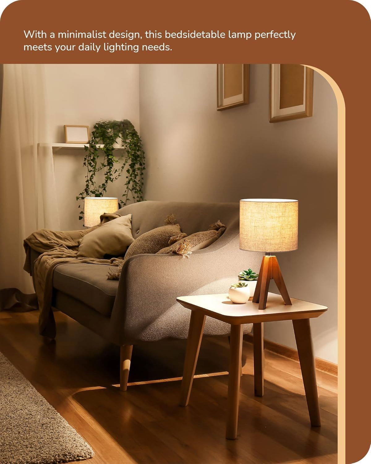 Telfun Tripod Table Lamp, Small Cute Bedside Lamp with Linen Beige Lampshade, Nightstand Lamp for Nursery, Bedroom, Kid Room, Living Room, Light Brown Wooden Base, AU Plug image number 1
