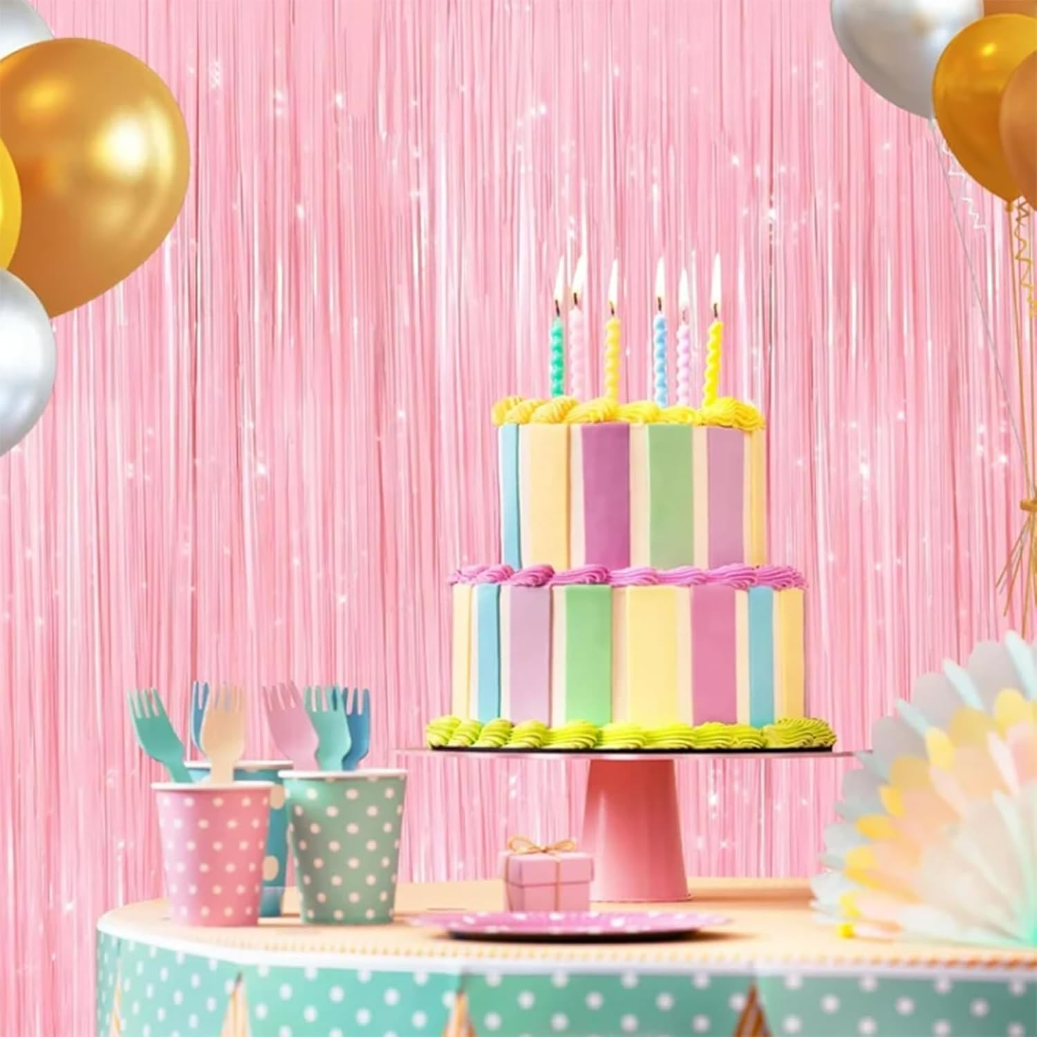 Foil Fringe Curtain Backdrop &ndash; Colorful Metallic Tinsel Streamers for Birthday, Baby Shower, Christmas & Party Decorations (Light Rainbow) image number 5