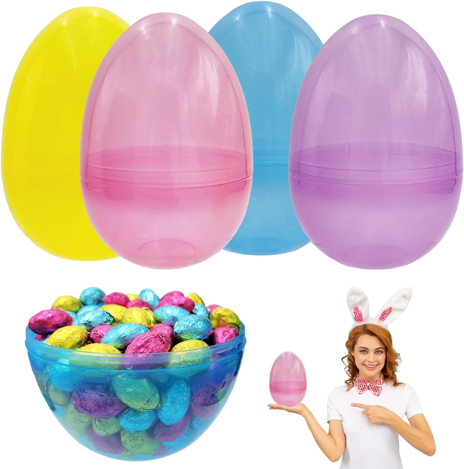 Massive Translucent Fillable Easter Eggs Colorful Bright Plastic Easter Eggs, Stands Upright, Perfect for Easter Egg Hunt, Surprise Egg, Easter Hunt, Assorted Colors, 8" Giant Fillable Eggs (4-Pack) image number 4