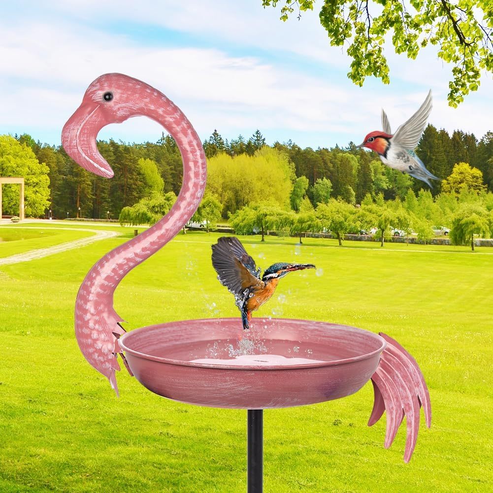 Pink Flamingo Bird Baths for Outdor, 12 Dia Metal Bird Bath Bowl with 5 Prongs Ground Stake, Rustproof Birdbaths for Garden, Yards Lawn Patio, Bird Lovers Gift image number 4