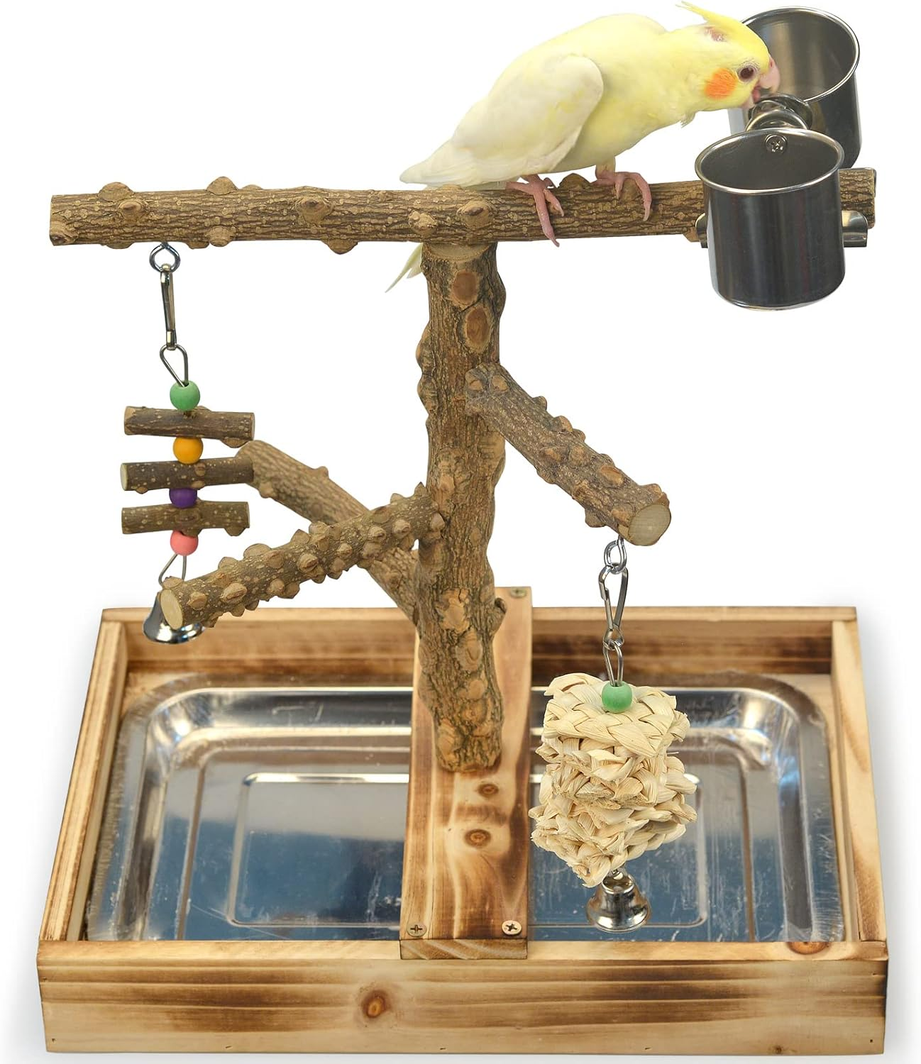 Natural Wood Bird Toys Playground, Bird Cage Accessories, Bird Perches, with Removable Tray and 2 Stainless Steel Cups image number 4