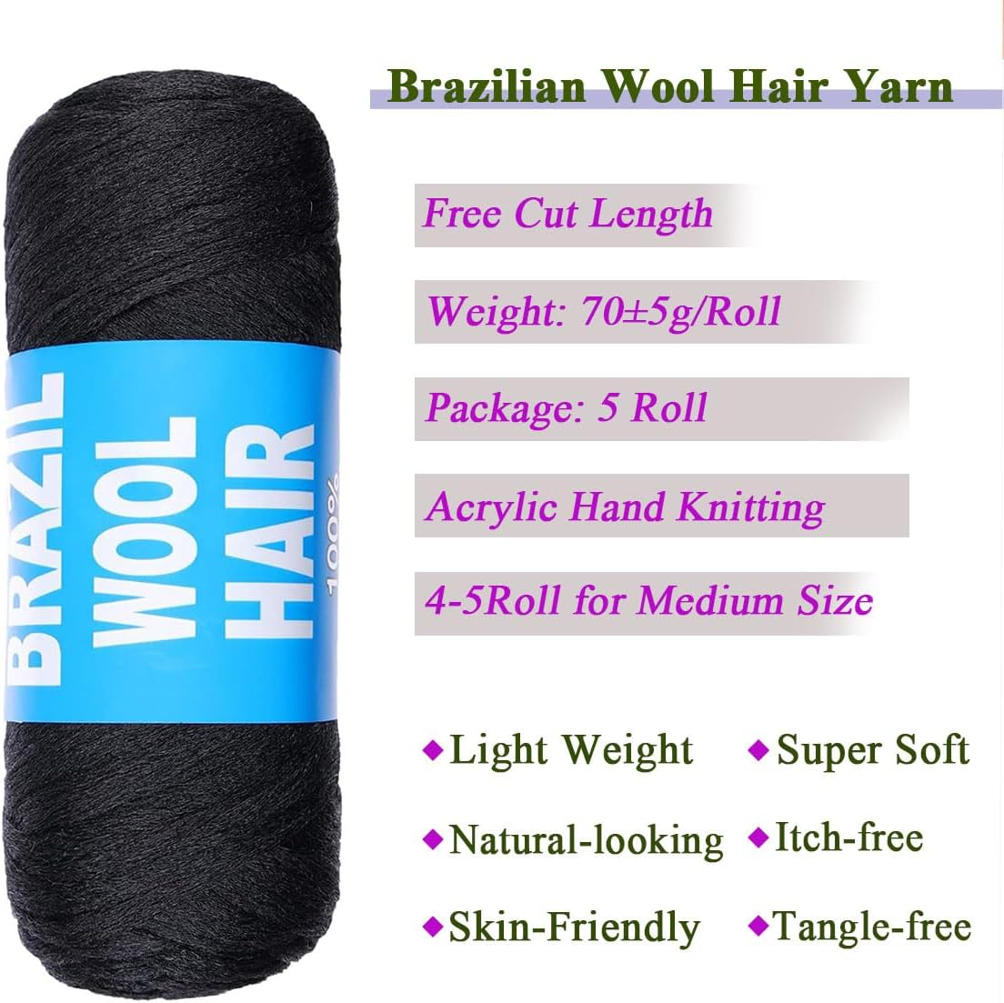 Kachanaa 5 Roll Brazilian Wool Hair for Braids Acrylic Hand Knitting Yarn for Braiding Synthetic Goddess Locs Crochet Hair Black Senegalese Twist Braiding Hair 1B# image number 2