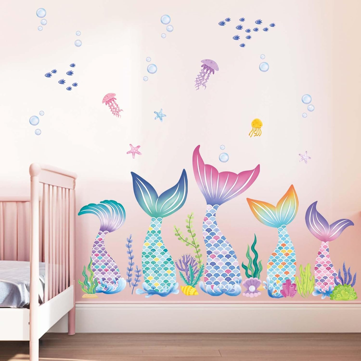 Amimagen Baby Girls Mermaid Tail Wall Stickers - under the Sea Marine Theme Wall Decals - Nursery Kids Room Daycare Bedroom Bathroom Wall Decor