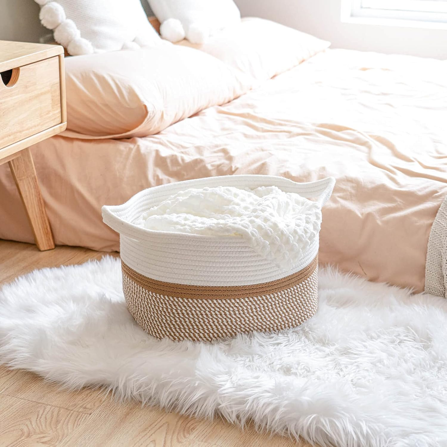 CHICVITA Square Cotton Rope Woven Basket with Handles for Books, Magazines, Toys - Decorative Rectangle Basket for Baby Nursery, Living Room, Bathroom 13.5" X 11" X 9.5", Brown and White - Brown And White image number 2