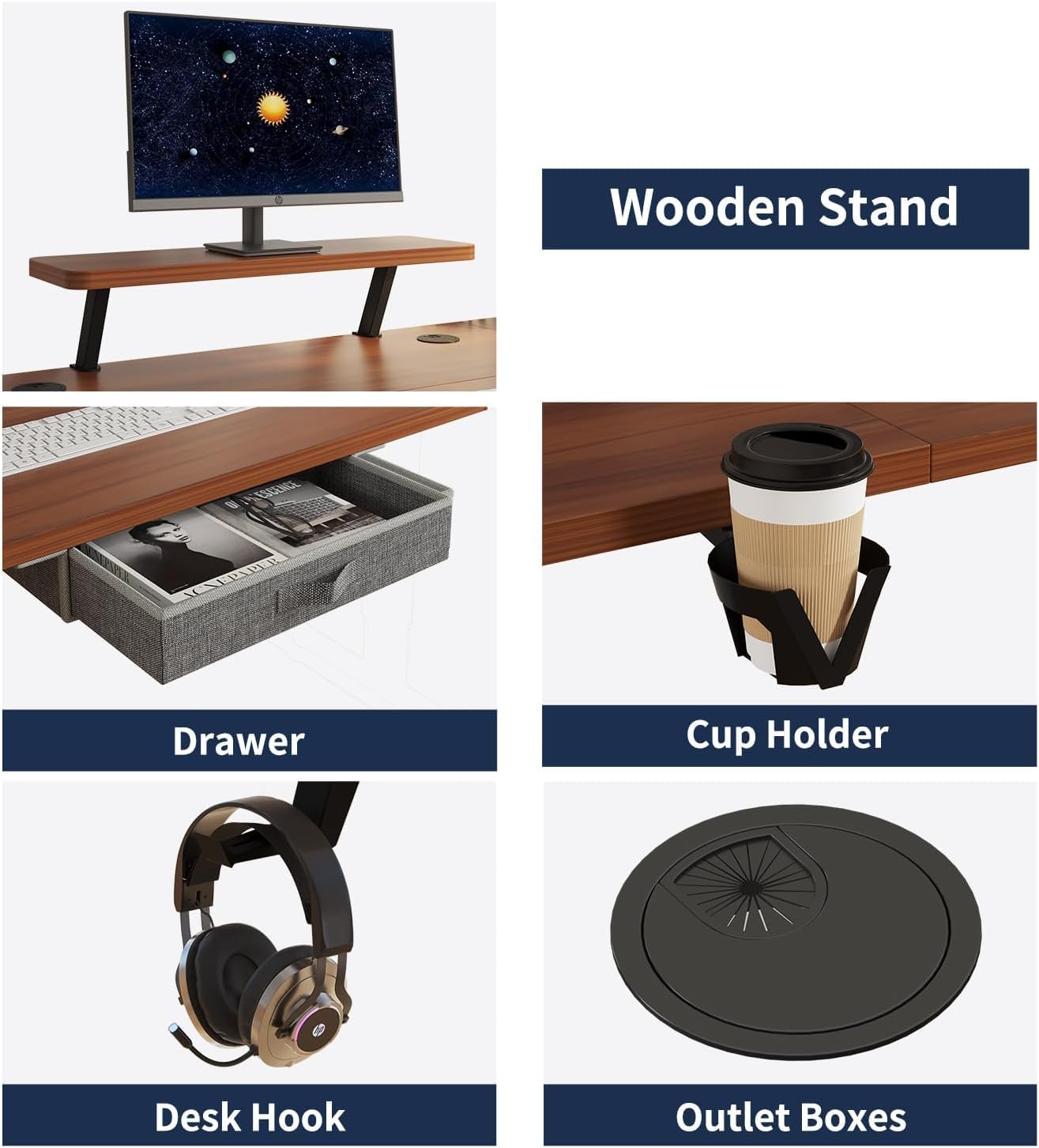 Electric Standing Desk with Drawer, 140X60Cm Height Adjustable Sit Stand up Desk with Storage Shelf,Workstation with Splicing Top for Home Office (Black Frame + Walnut Desktop)