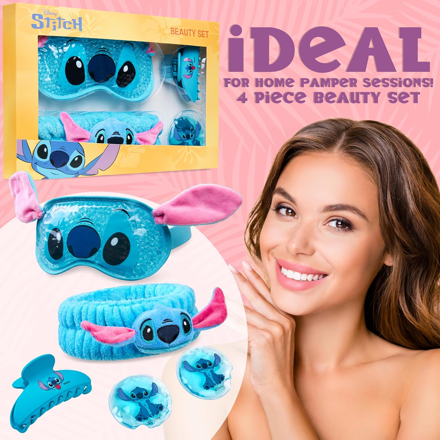 Disney Stitch Cooling Eye Mask & Beauty Accessories Set with Claw Clip Skincare Headband Cooling Eye Pads, Pampering Beauty Gifts for Women (Blue)