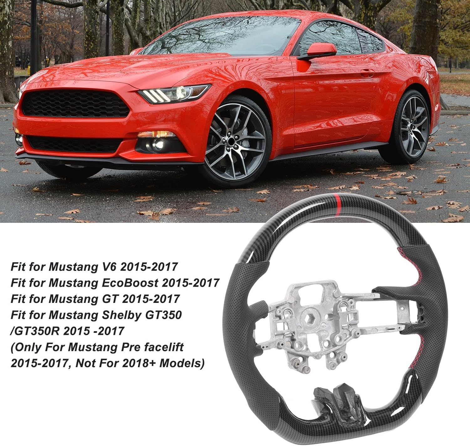 Carbon Fiber Steering Wheel for Mustang V6 Ecoboost GT Shelby 2015-2017, Ergonomic anti Slip Grip, ABS Material, Universal Steering Wheel image number 2