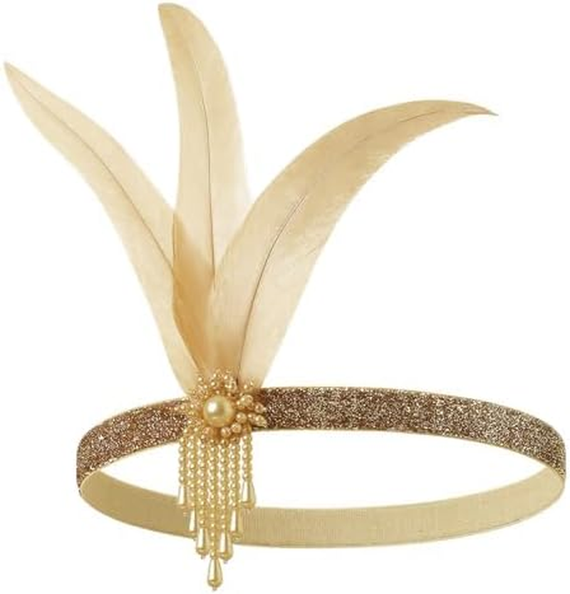 BABEYOND 1920S Flapper Feather Headpiece Vintage 1920S Headband Beaded Flapper Headpiece Great Gatsby Costume Accessories, Gold - Whitefeather image number 4