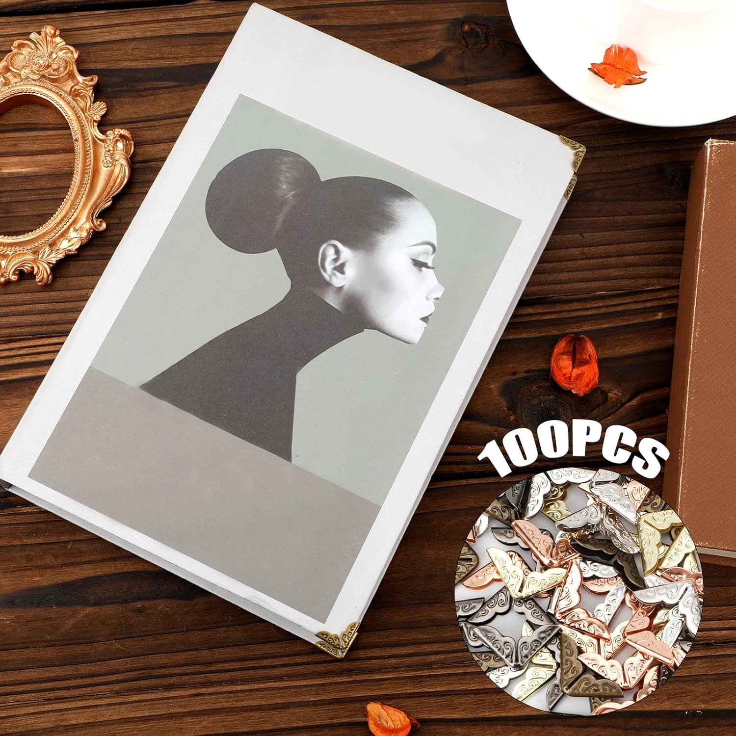 100Pcs Book Corner Protectors, Iron Book Edge Protector Vintage Paperback Book Corner Protector Decorative Book Corner Covers for Scrapbook Photo Album Notebook Folder Picture (5 Colors) image number 1
