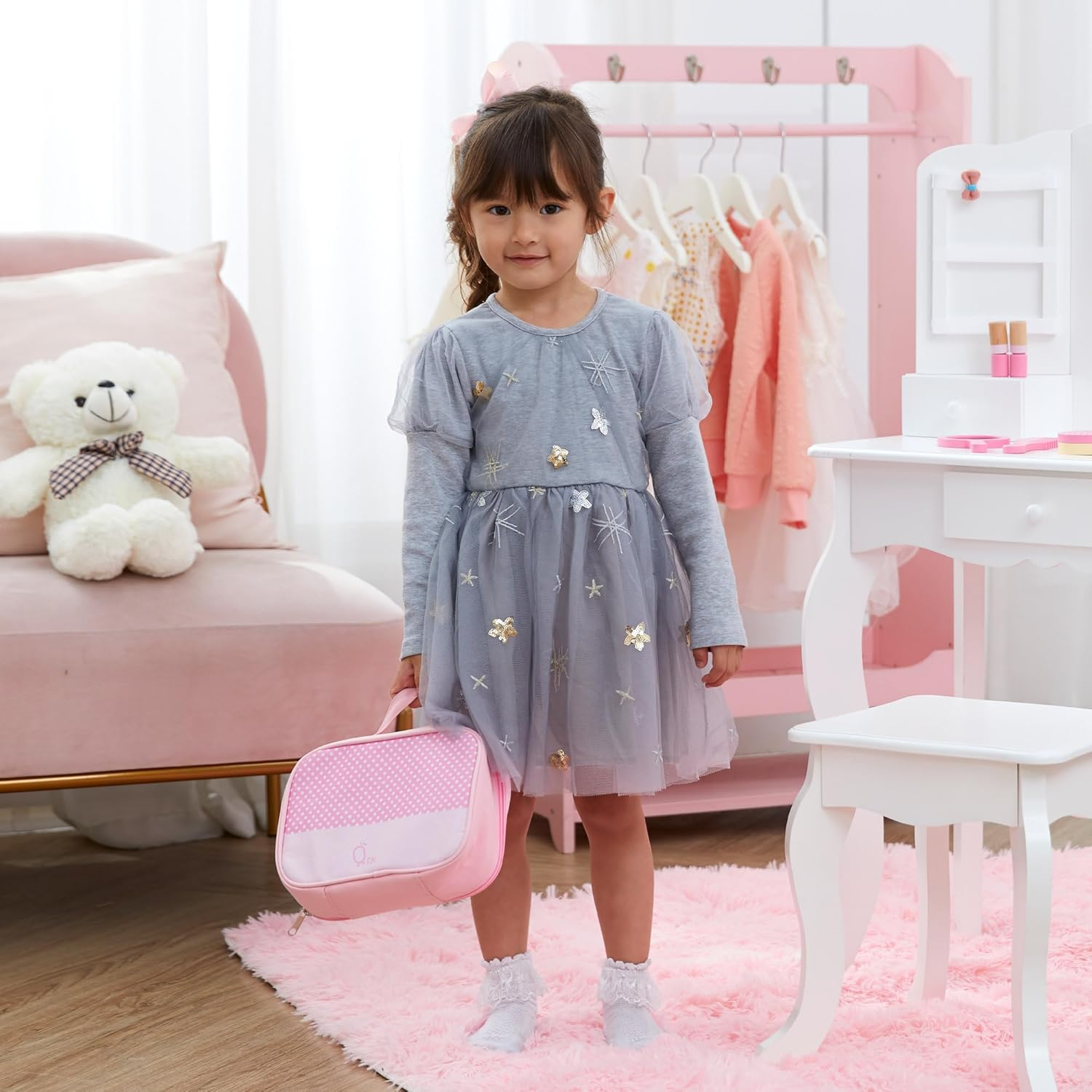 Teamson Kids Chloe Polka Dot Wooden Play Makeup Set Pretend Vanity Accessories 10Pc image number 3