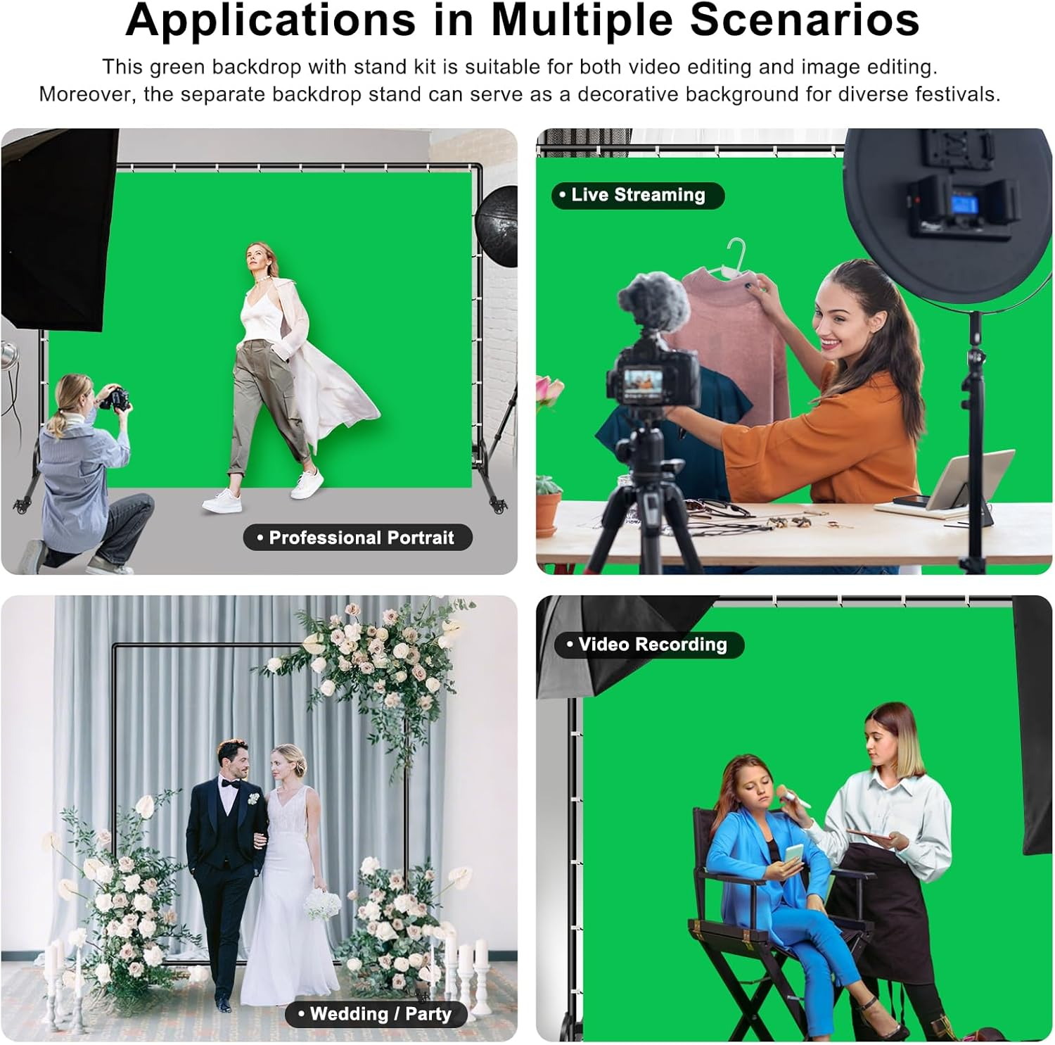 MSKIRA 7X10Ft Green Screen Backdrop with Movable Photo Backdrop Stand Kit, Greenscreen Background with Stand for Streaming, Studio Video, Zoom Meetings & Parties image number 4
