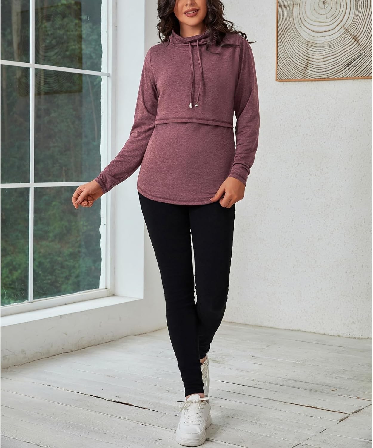 GINKANA Womens Nursing Tops Breastfeeding Sweatshirts Shirts Long Sleeve Drawstring Cowl Neck Nursing Tee Shirts Blouse image number 4